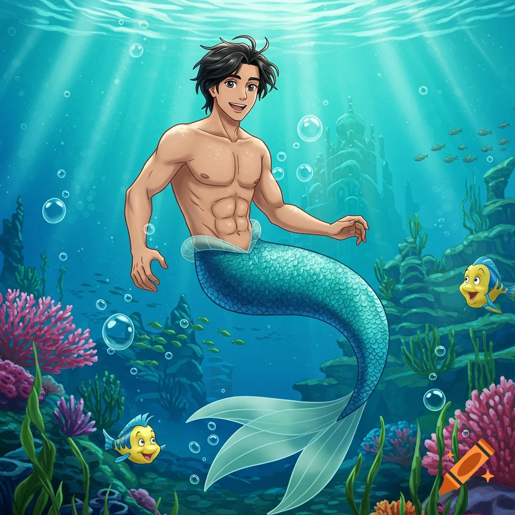 An anime-style merman with dark hair and abs smiles underwater, surrounded by coral, fish, and a distant castle.