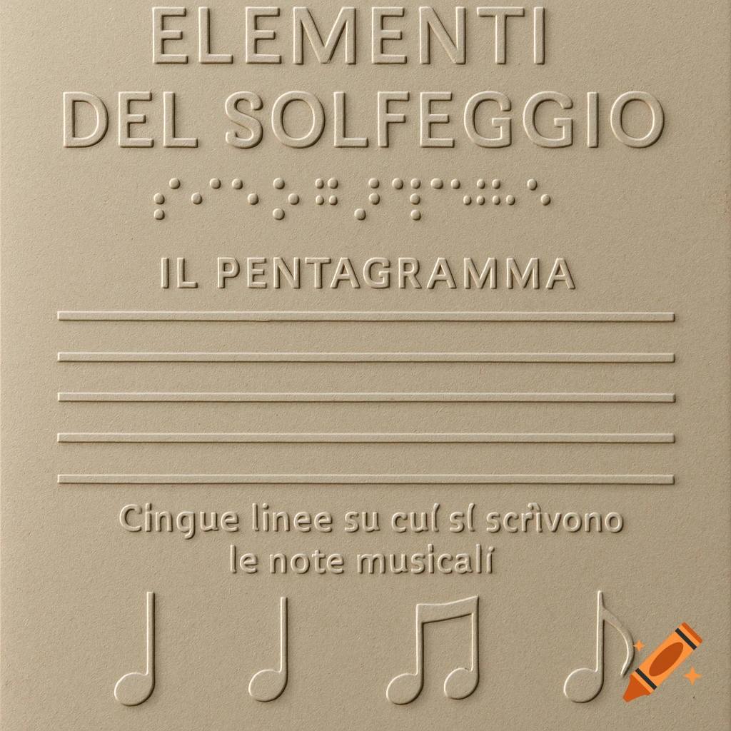 A beige tactile book page with embossed text "ELEMENTI DEL SOLFEGGIO", Braille, "IL PENTAGRAMMA", a musical staff, "Cinque linee su cui si scrivono le note musicali", and musical notes.