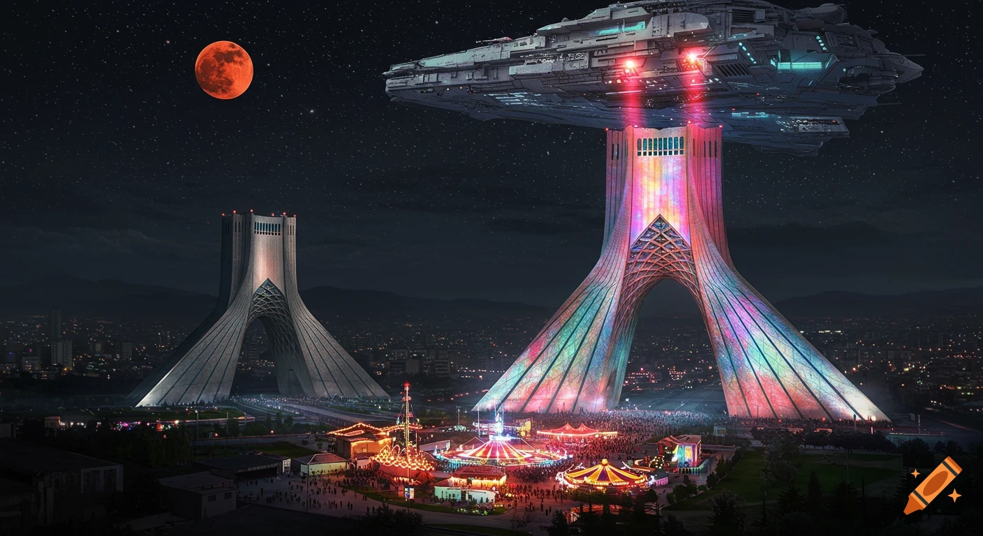 A futuristic night cityscape with two Azadi Towers, one brightly lit by a hovering spaceship, the other dark under a red moon, with a glowing amusement park below.