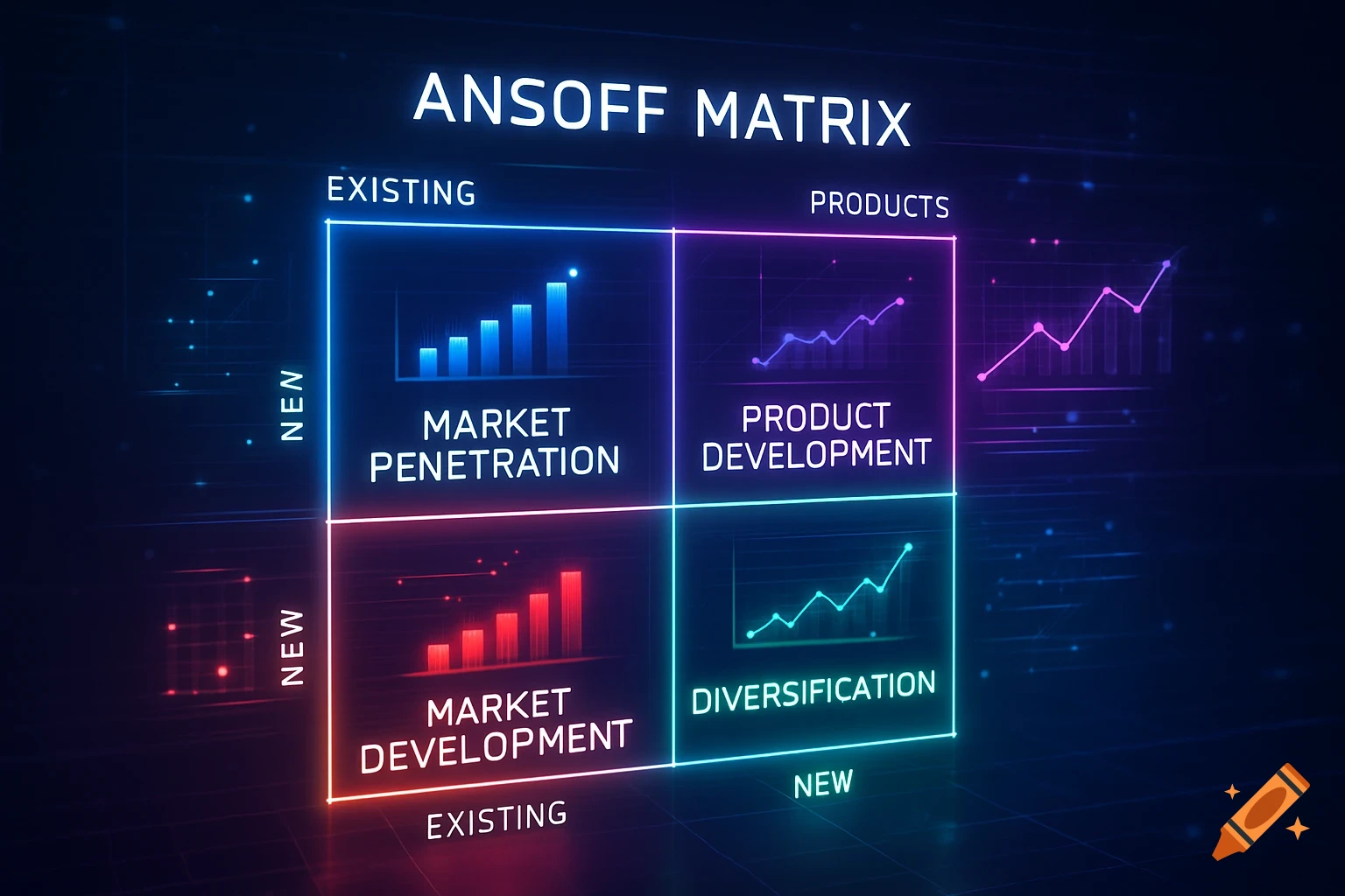 A glowing blue and purple digital Ansoff Matrix diagram showing market and product strategies with charts.