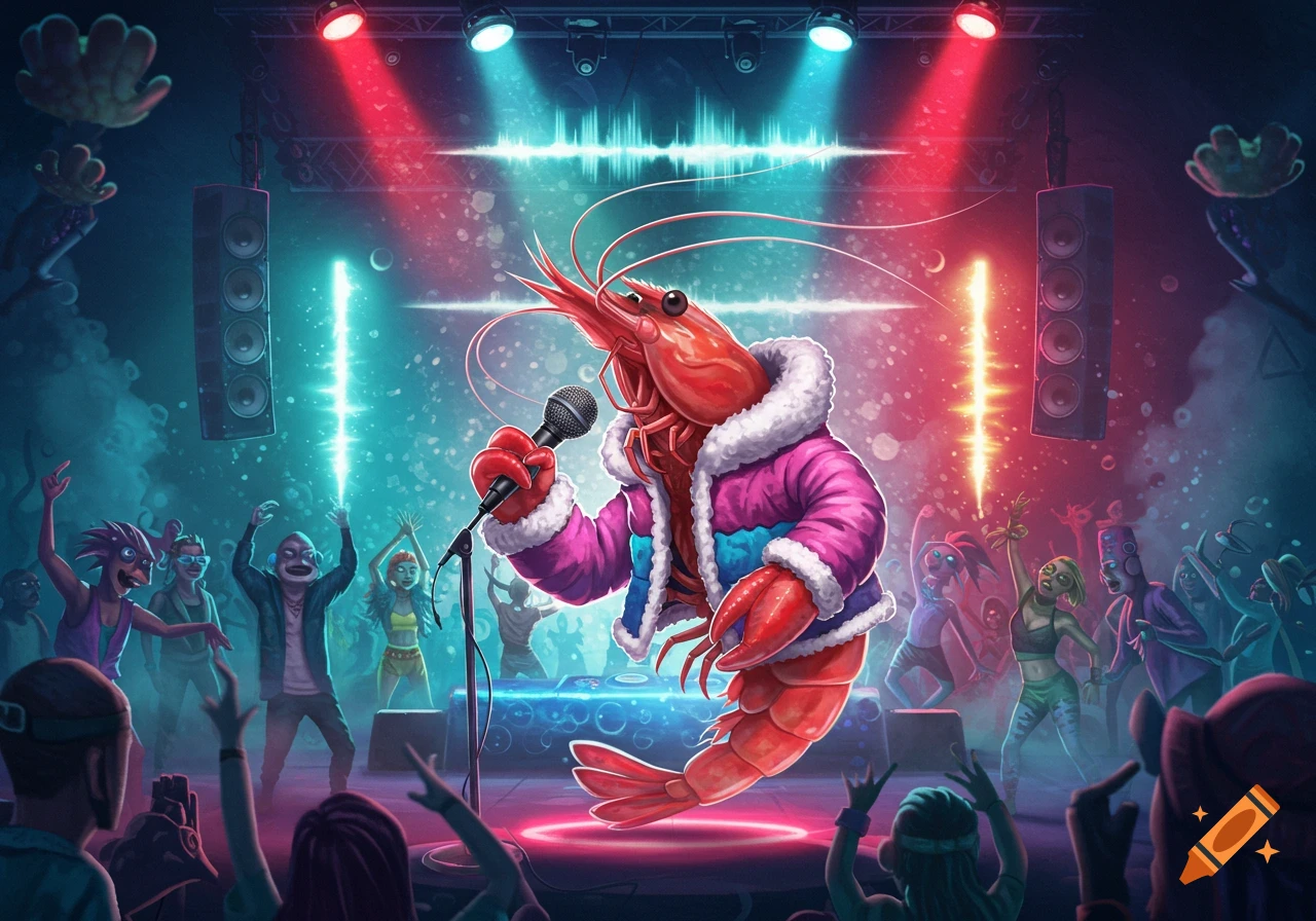 A cartoon shrimp in a pink winter coat sings into a microphone on stage at a vibrant rave concert with a cheering crowd.