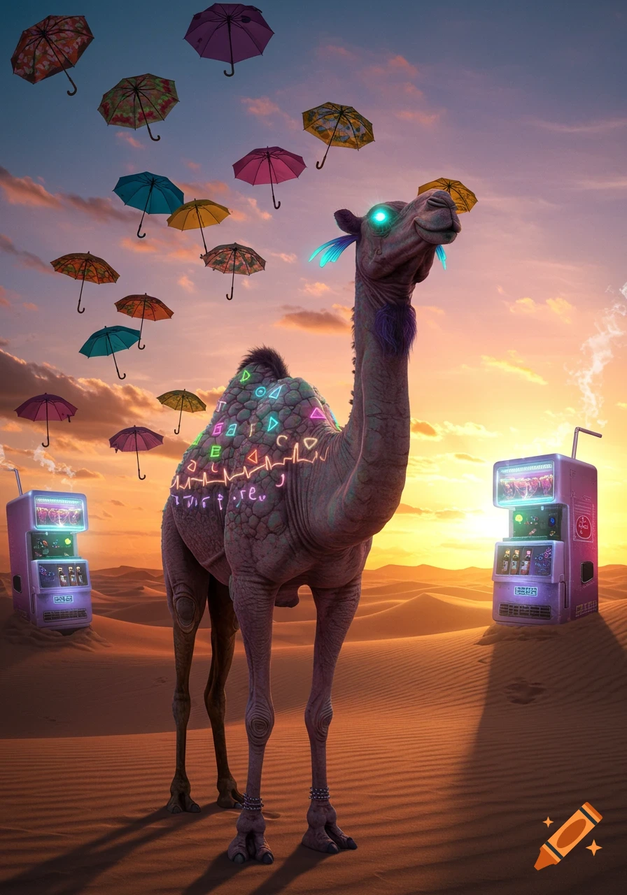 A mutated camel with glowing eyes and symbols on its hump stands in a desert at sunset, surrounded by flying umbrellas and futuristic vending machines.