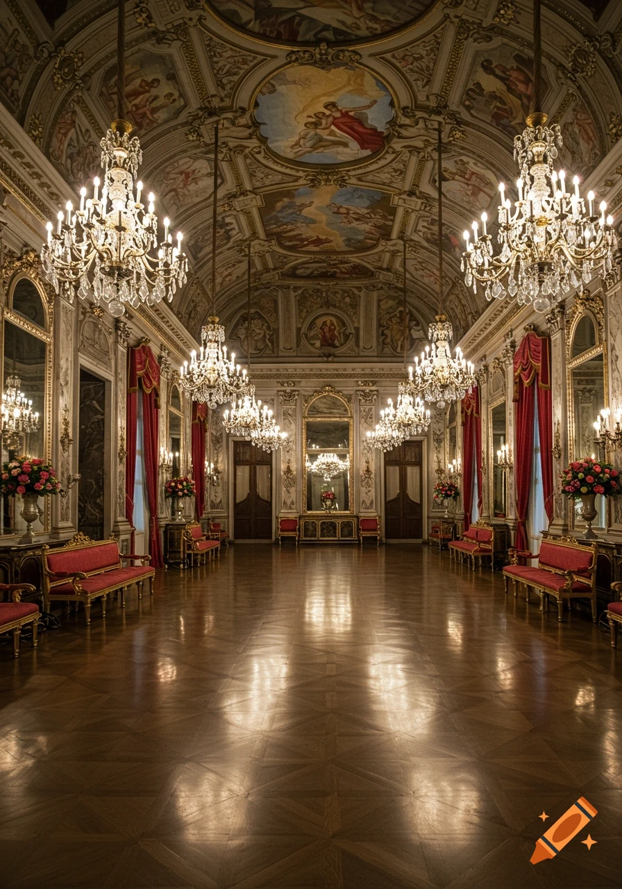 An opulent grand hall with sparkling chandeliers, intricate ceiling murals, polished parquet floors, and red velvet benches.