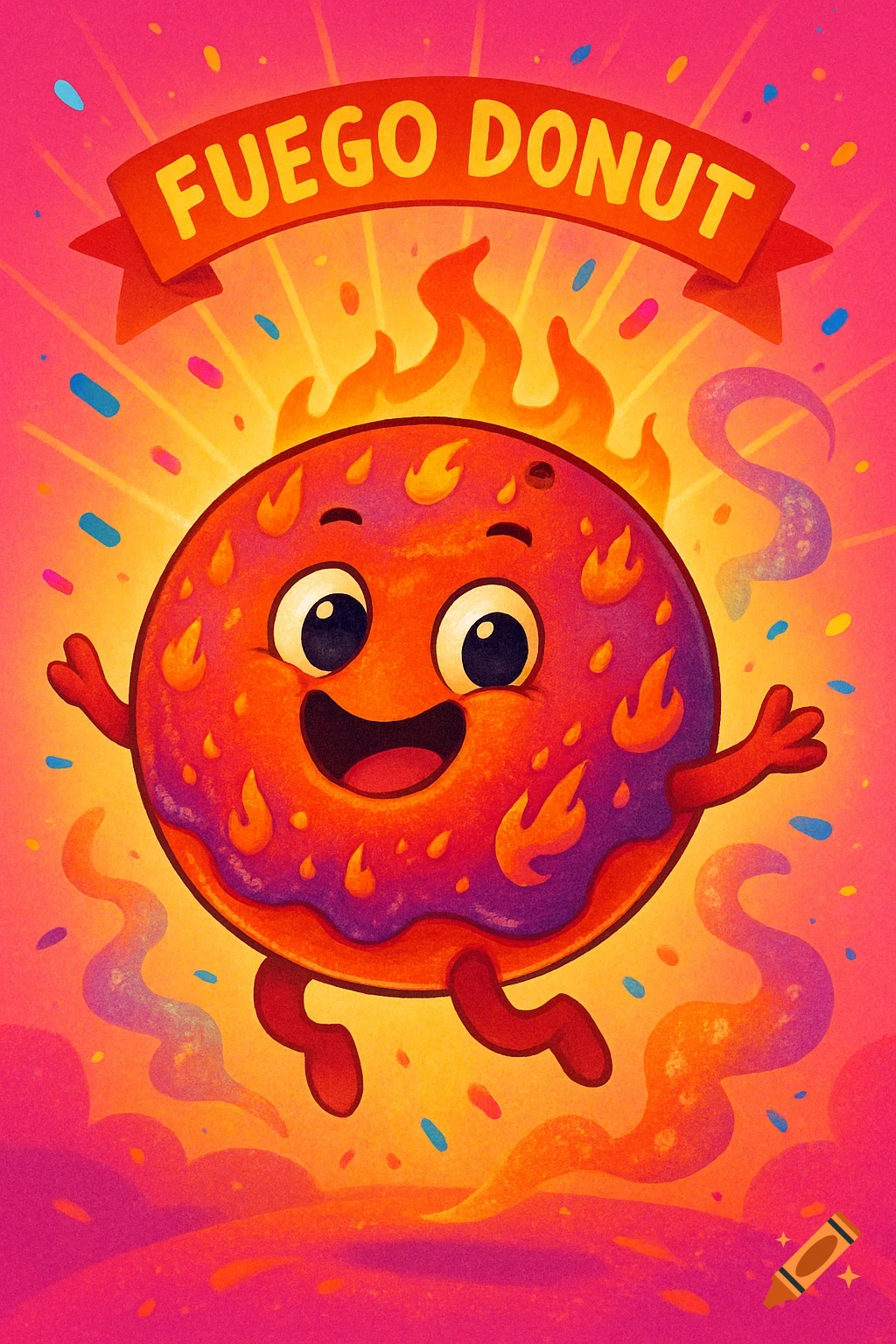 A playful cartoon donut character on fire, smiling, with arms and legs, under a banner reading "FUEGO DONUT" against a vibrant pink and orange background.