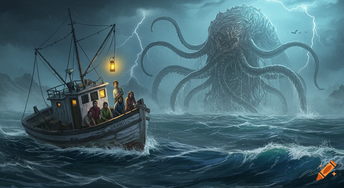 People in a fishing boat look on in horror as a giant, tentacled cosmic horror monster rises from a stormy sea with lightning.