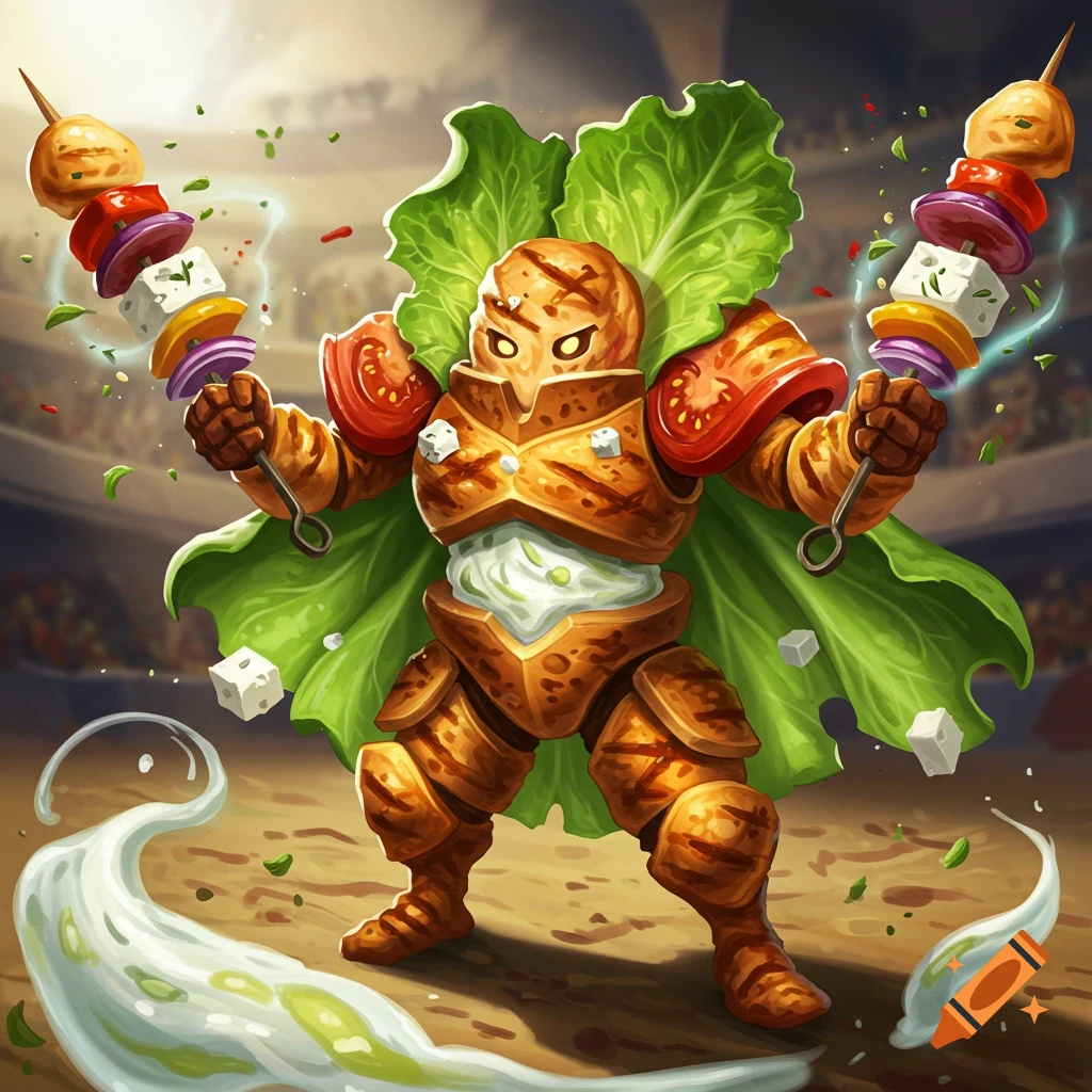 A fantasy warrior made of chicken souvlaki, with a lettuce cape and tomato pauldrons, holding two food skewers in an arena.