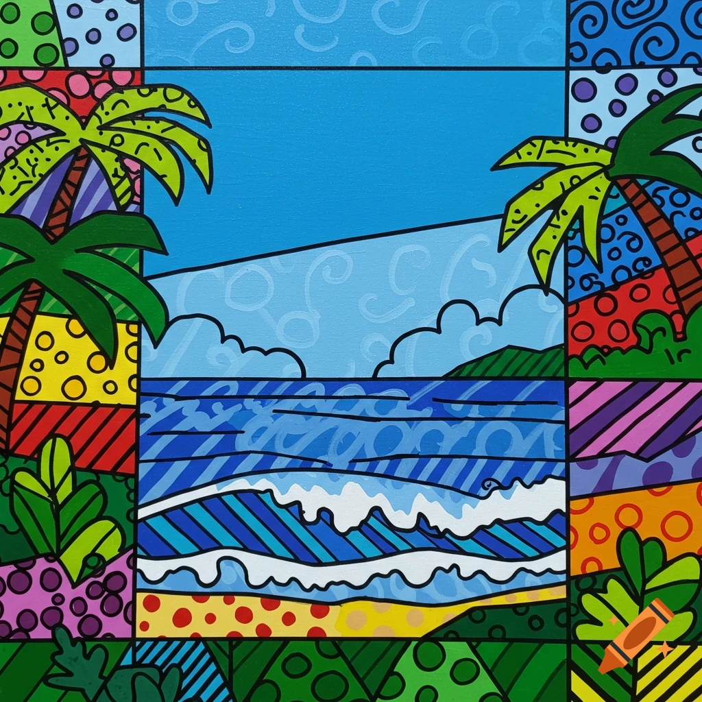 Vibrant pop art painting in Romero Britto style of a tropical beach with palm trees, ocean waves, and geometric patterns.