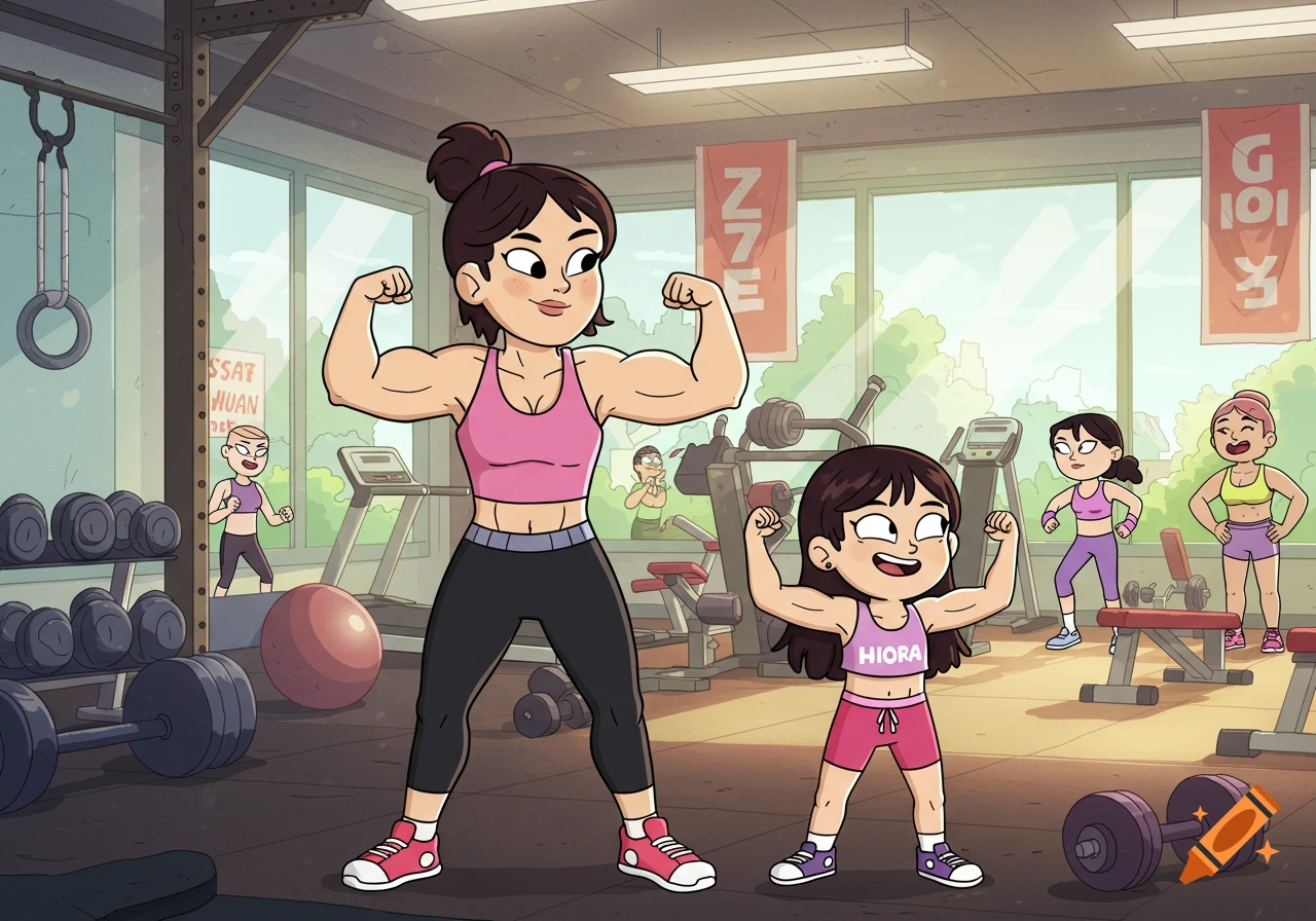 A cartoon mother and daughter, both muscular, flex their biceps in a gym with other women exercising in the background.