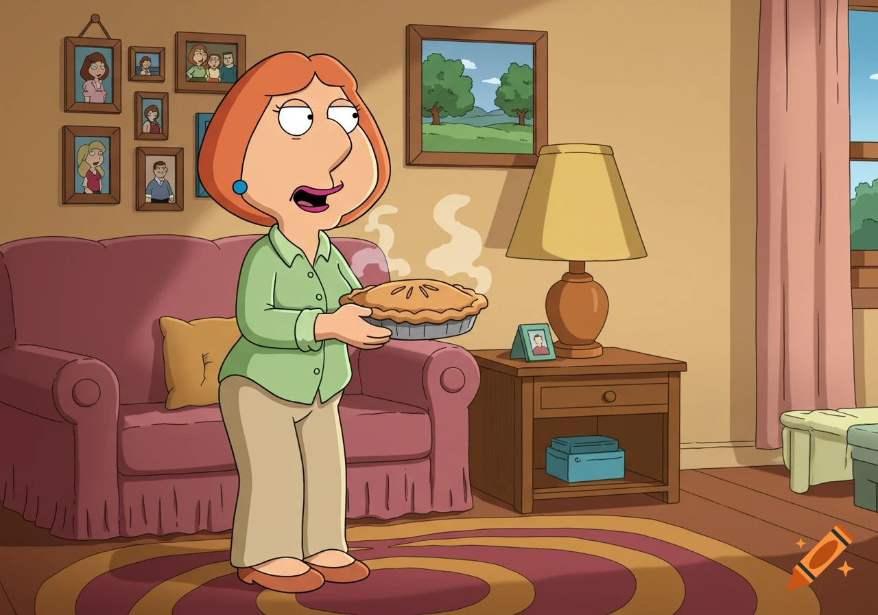Lois Griffin from Family Guy stands in her living room holding a steaming apple pie.
