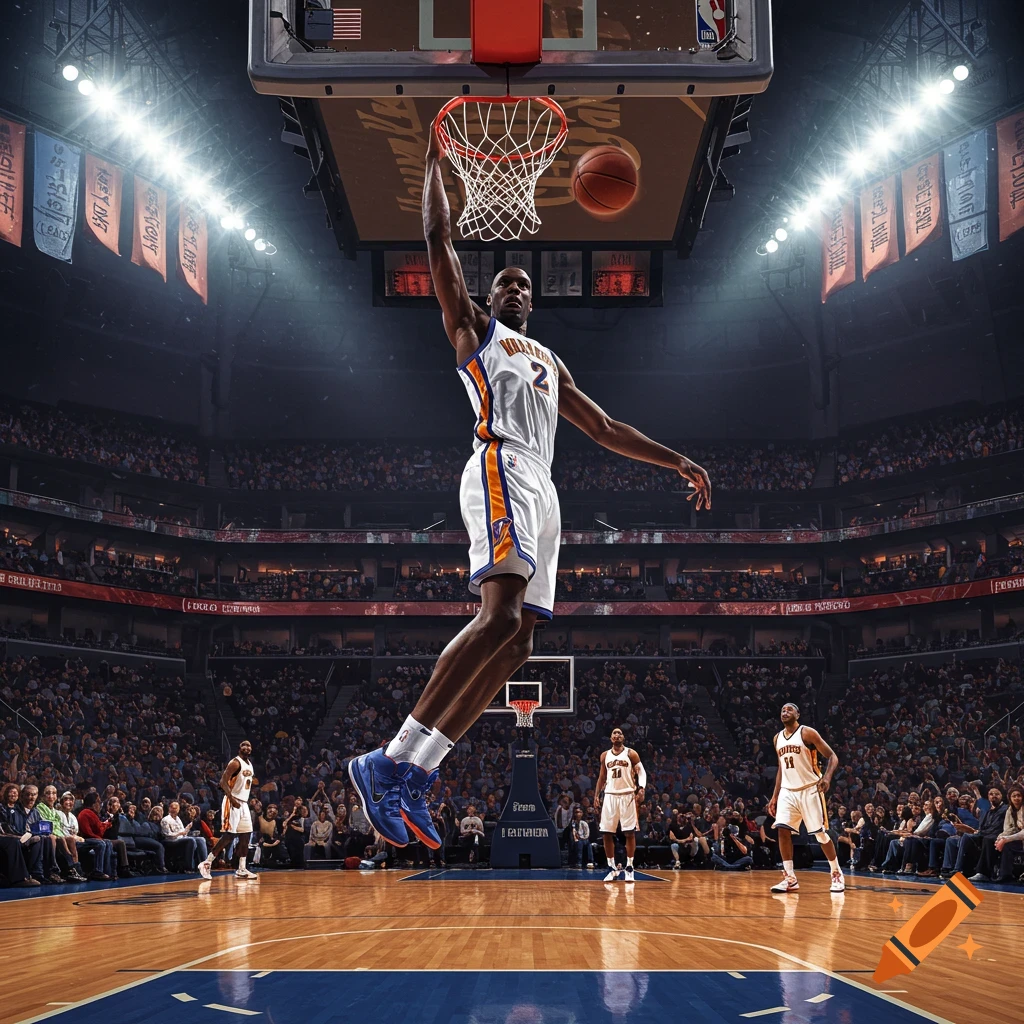 A photorealistic image of a basketball player in a white and orange uniform dunking a basketball in a brightly lit arena filled with spectators.