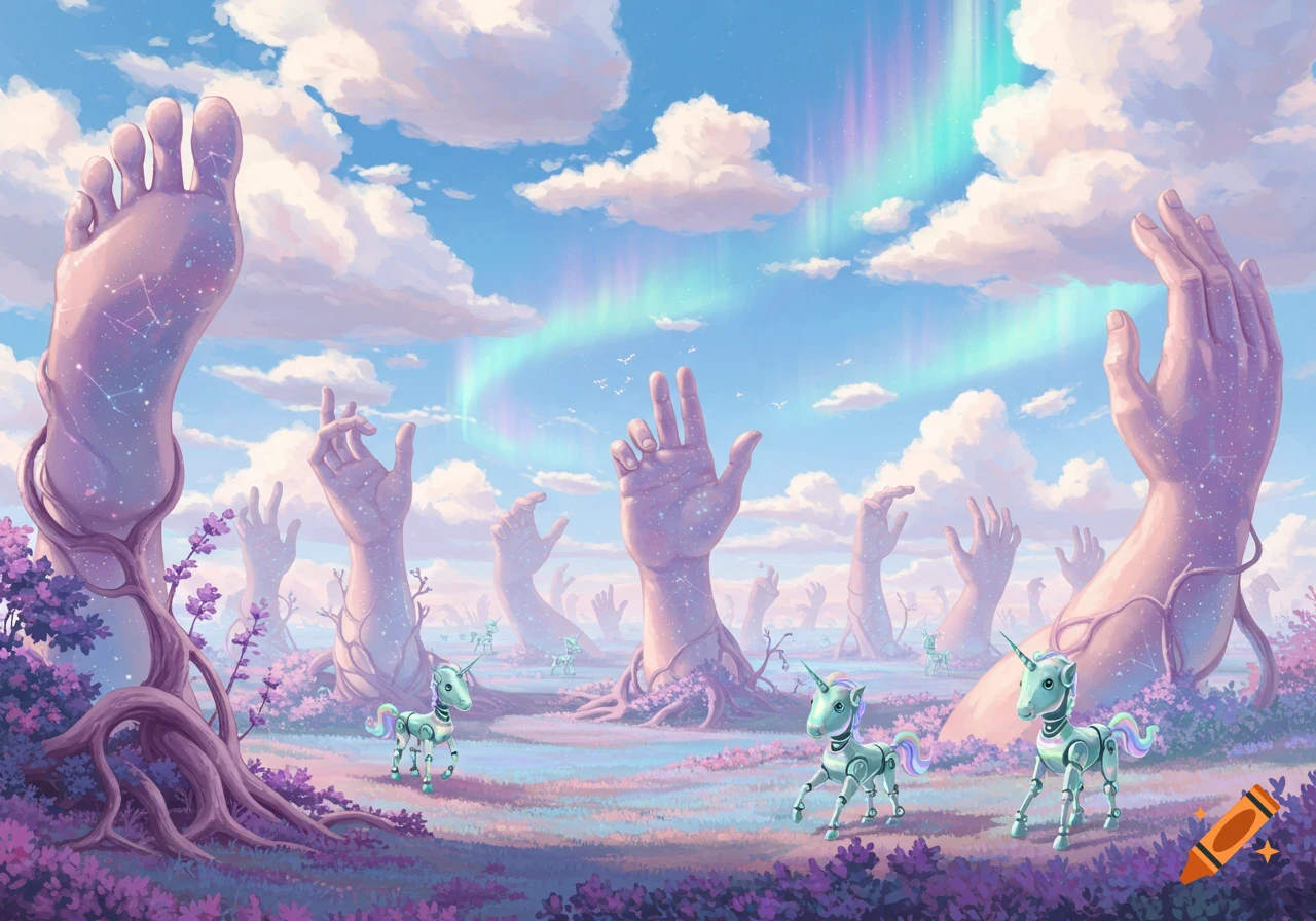 Vibrant fantasy landscape with giant, starry hands and a foot emerging from purple-pink foliage, robotic unicorns, and a bright aurora in a blue sky.