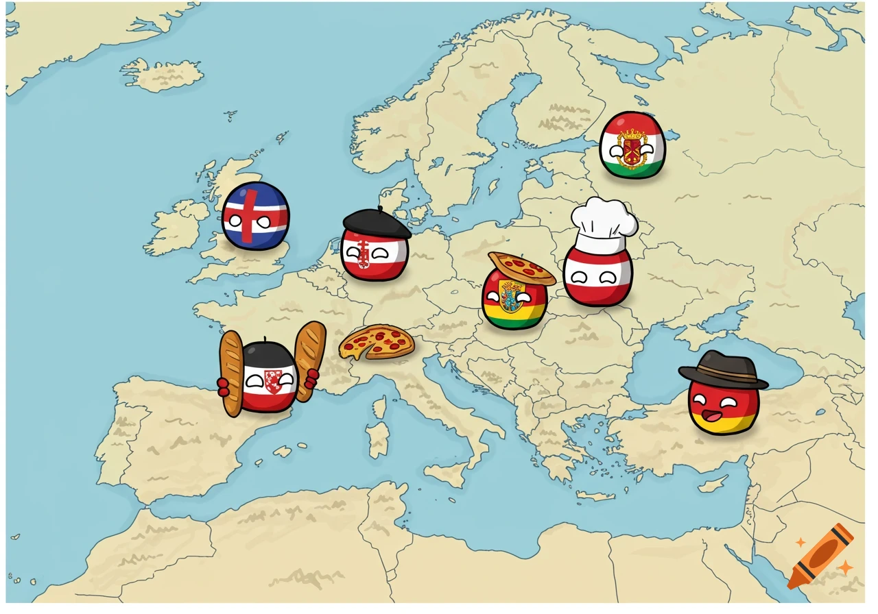 A cartoon map of Europe with several countryball characters representing different nations, some with hats or food items.