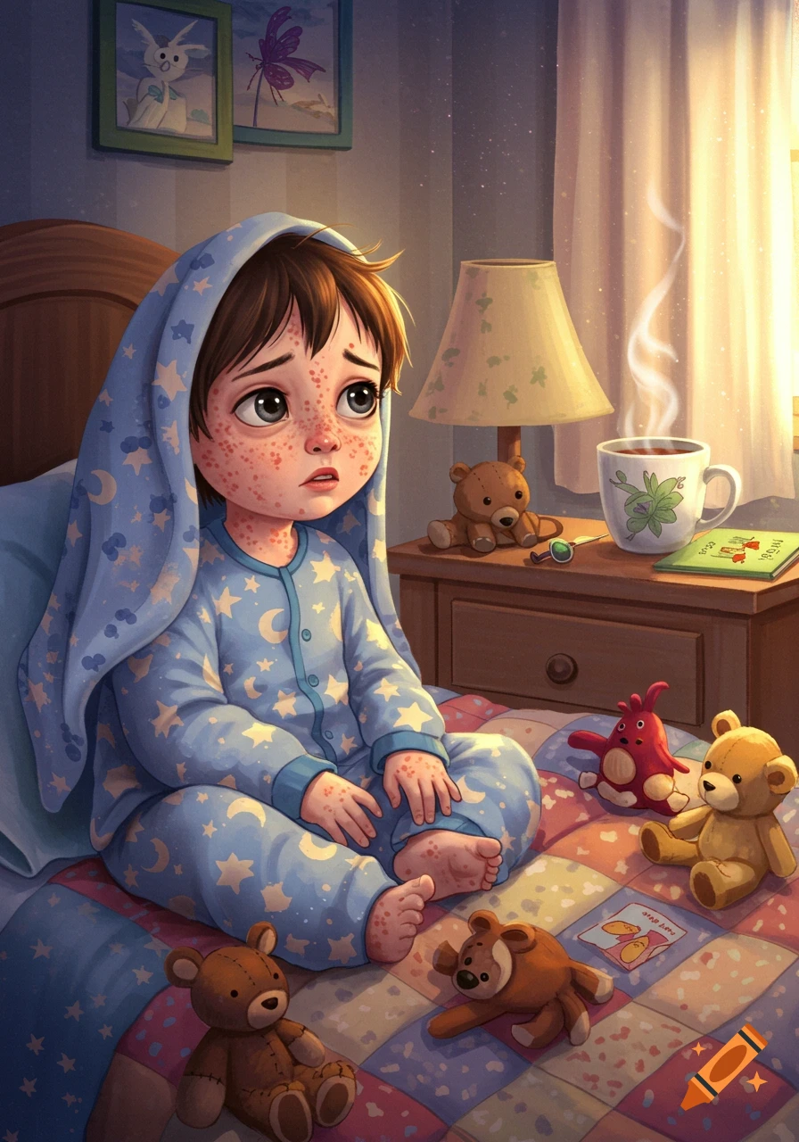 A sad child with chickenpox in blue pajamas sits on a bed with stuffed animals in a cozy, illustrated bedroom.
