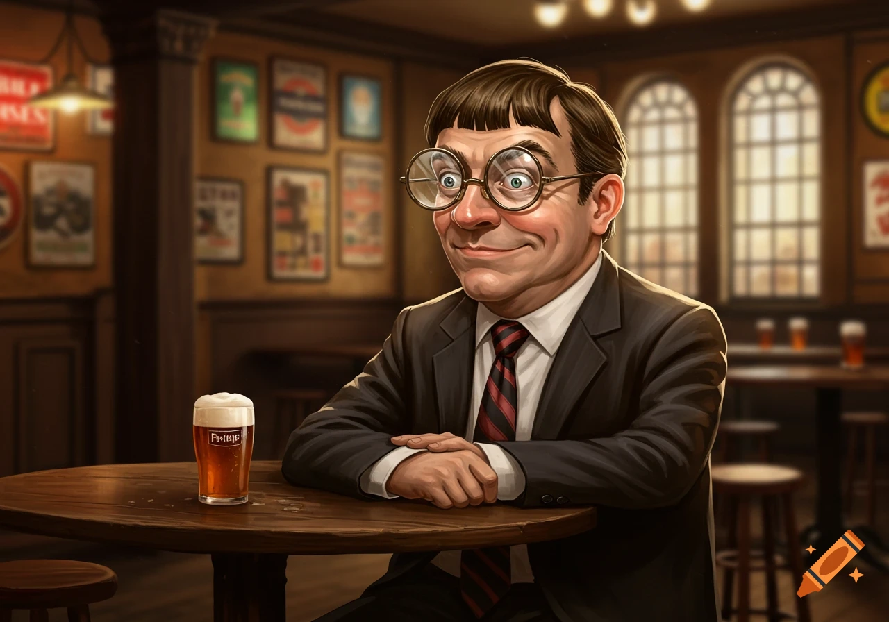 Caricature of a businessman with bangs and round glasses, smiling in a pub with a beer.