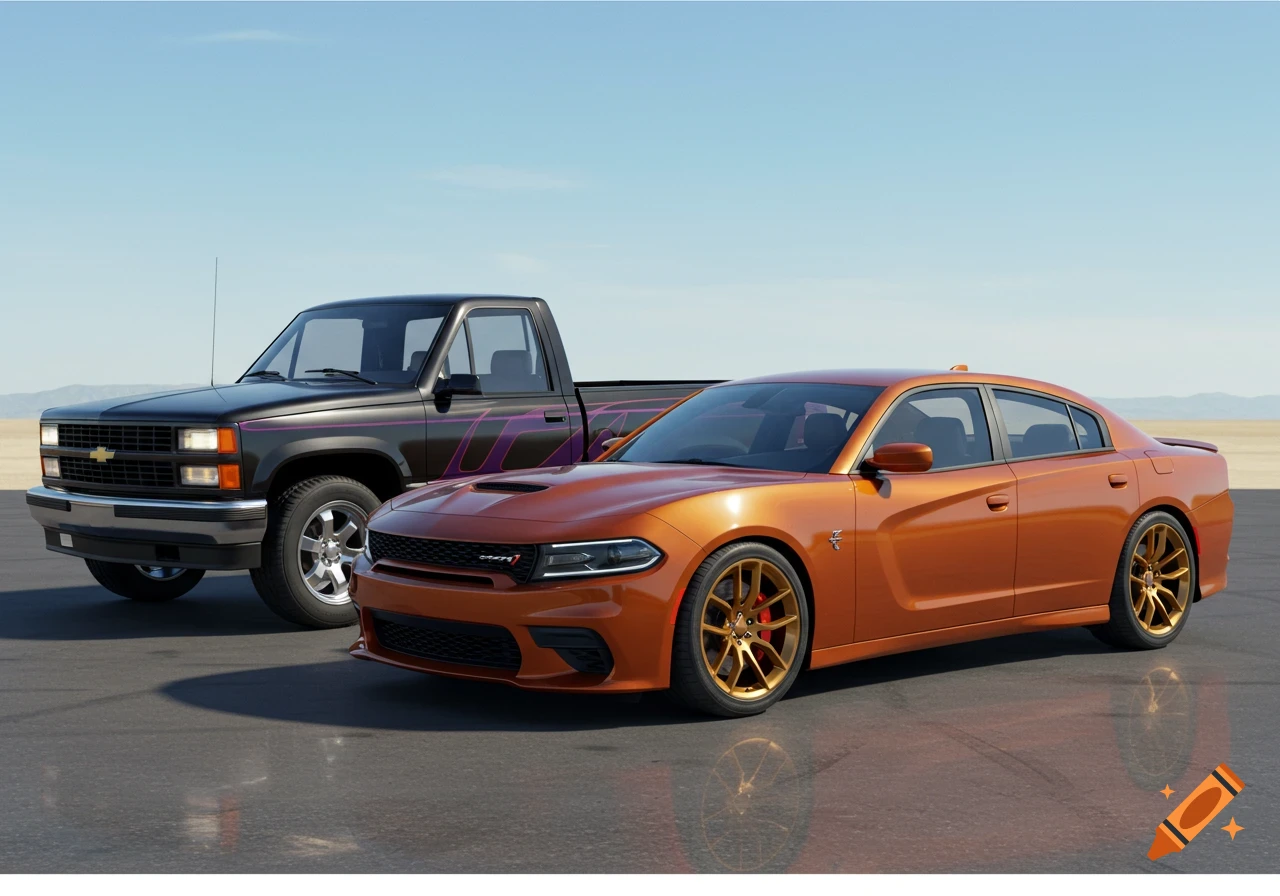 A black and purple Chevy CK truck and an orange Dodge Charger with gold rims parked on asphalt under a clear sky.