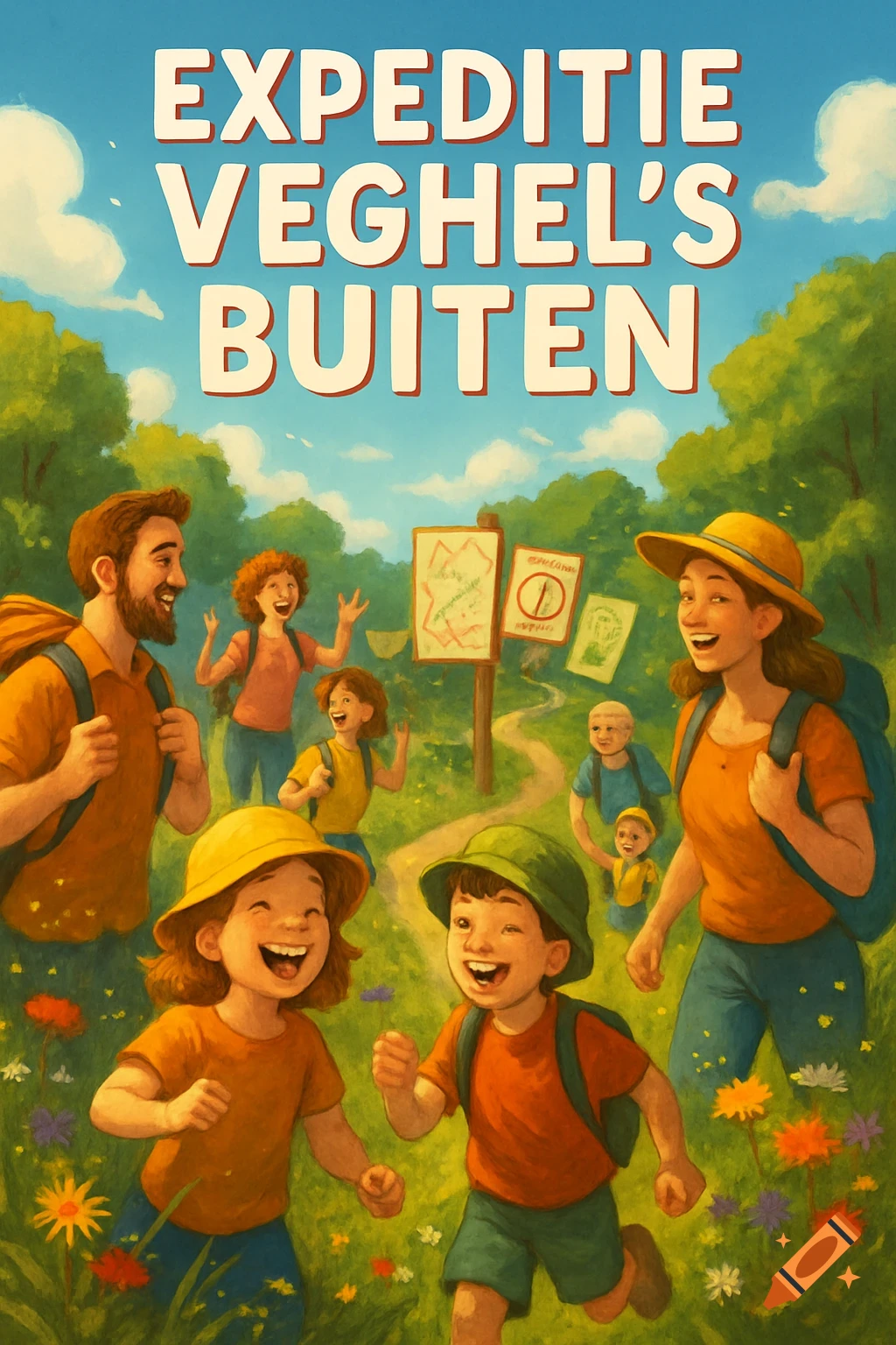 A cheerful family and children hiking and smiling on a sunny, green outdoor trail with wildflowers. Text 'EXPEDITIE VEGHEL'S BUITEN' is displayed at the top in an illustrated style.