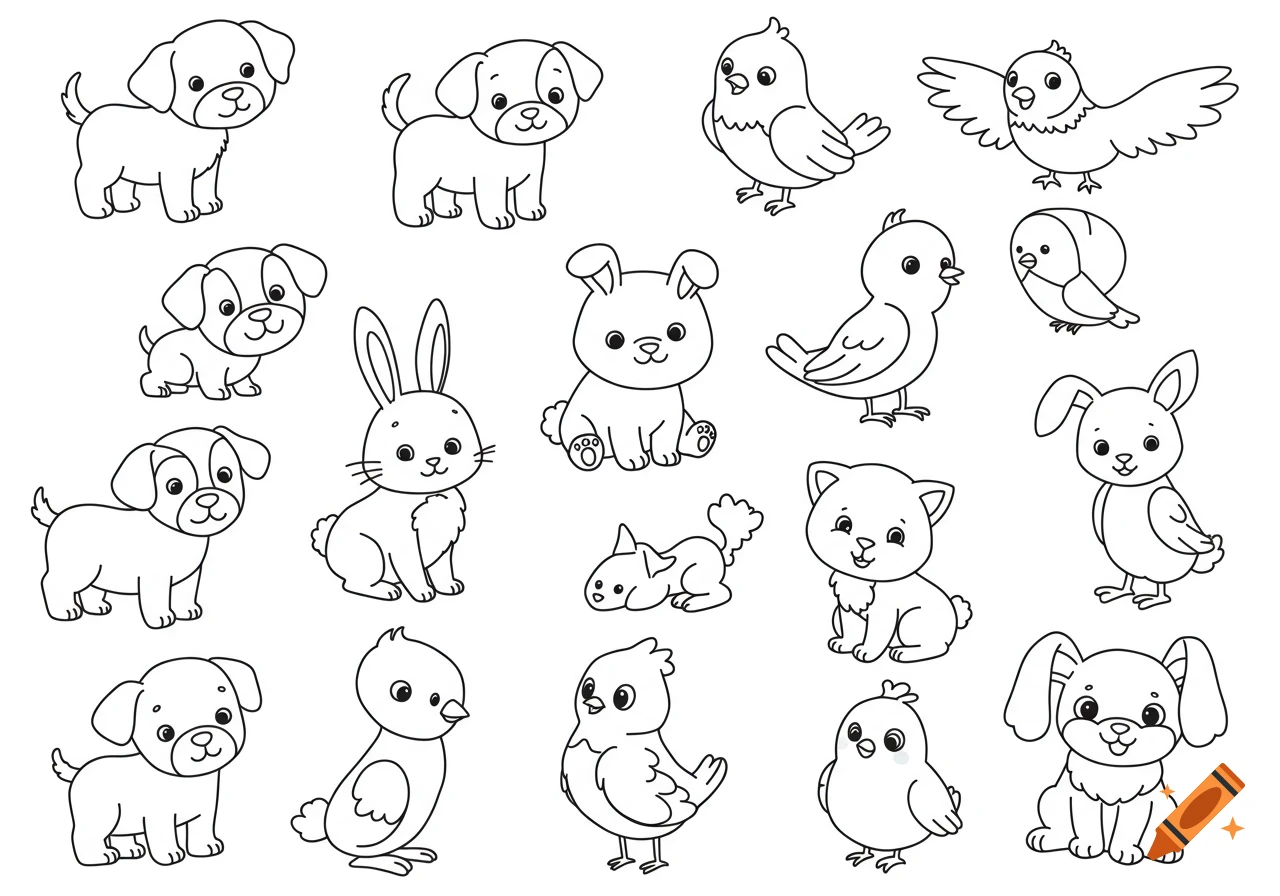 Collection of black and white outline drawings of cute puppies, bunnies, and birds for a children's coloring book.