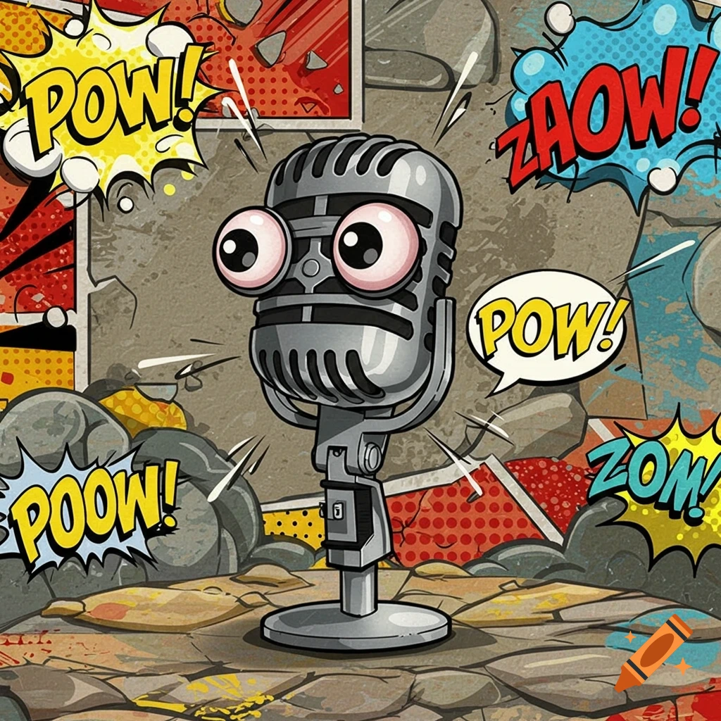 A cartoon microphone with large, bloodshot eyes, surrounded by comic book speech bubbles like 'POW!' and 'ZAOW!' against a distressed background.