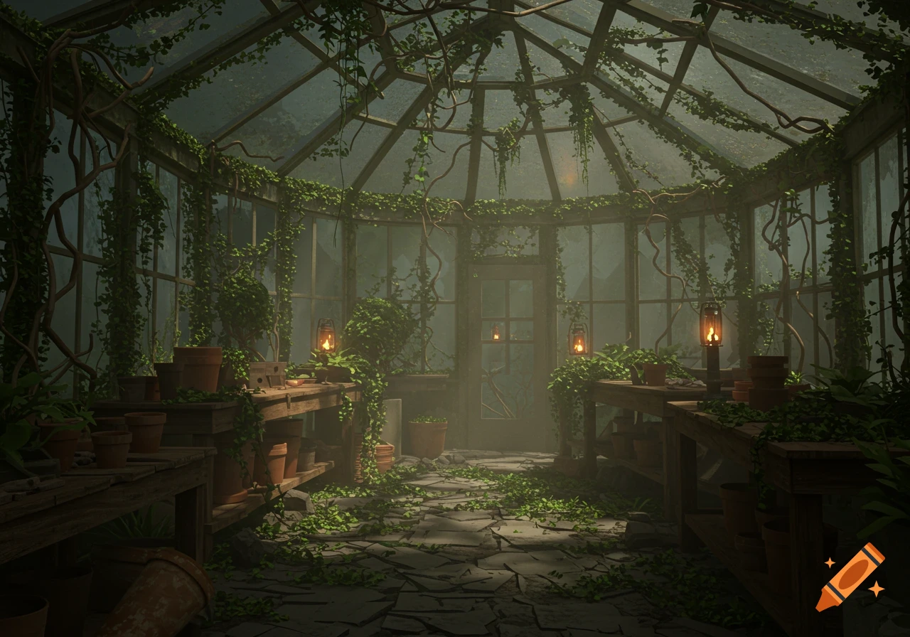 Dark, overgrown greenhouse interior with wooden tables, potted plants, twisting vines, and glowing lanterns, in PSX game style.