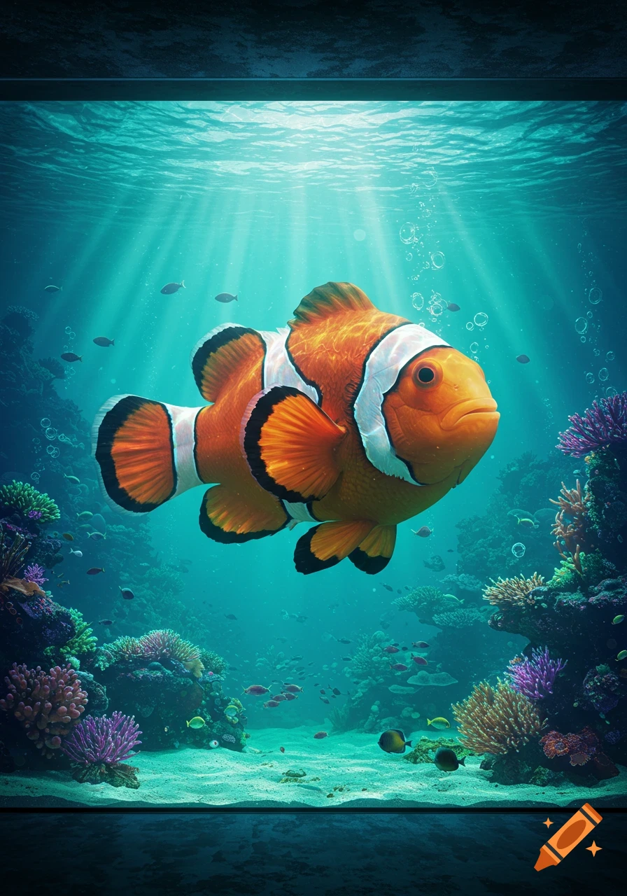 A vibrant orange and white clownfish swims in a clear aquarium with colorful coral and smaller fish, illuminated by sunbeams.