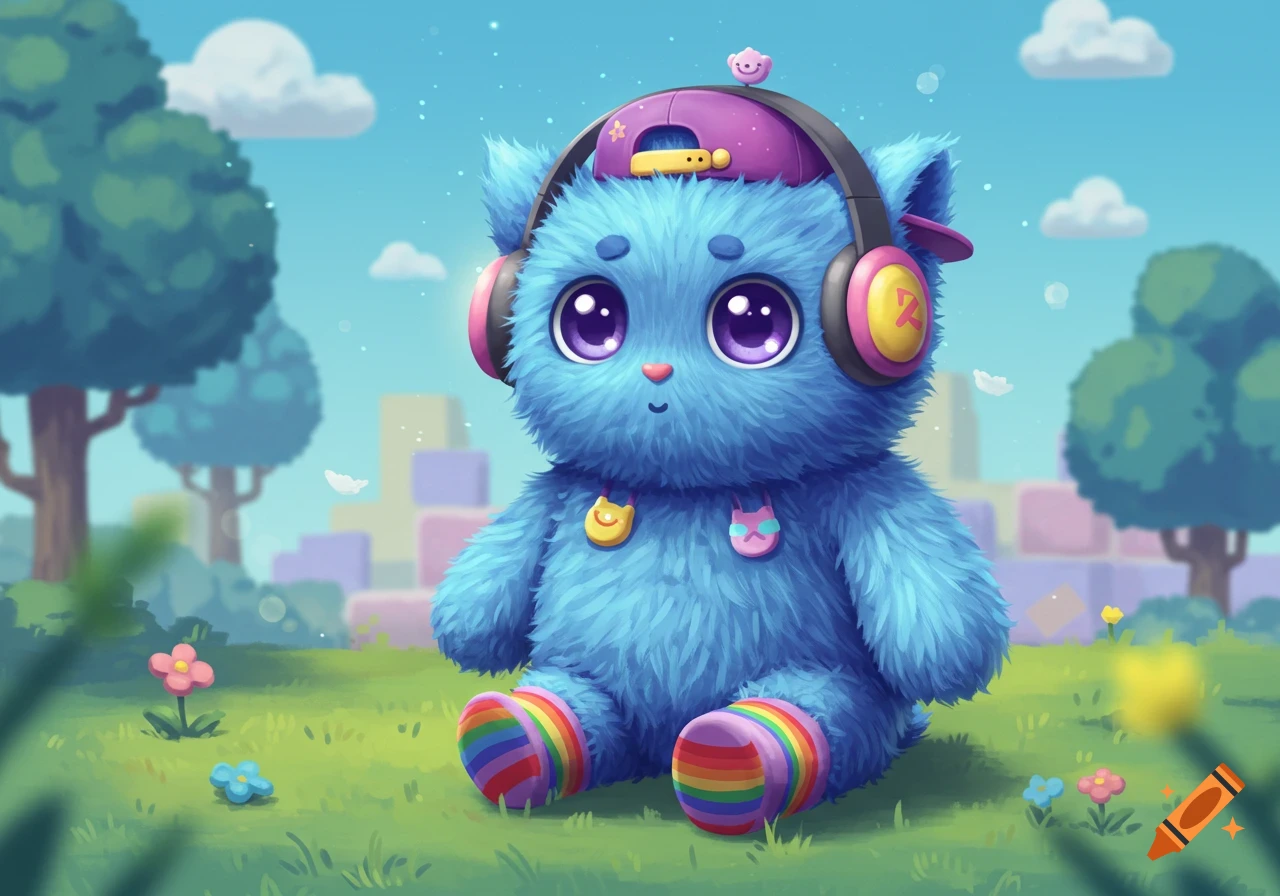 A fluffy blue cartoon creature with big purple eyes, wearing headphones and a cap, sits in a vibrant green field with colorful flowers.