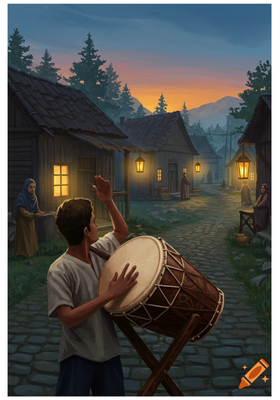 A man plays a large drum in a rustic village at sunset, with glowing lanterns and other figures in a digital painting.
