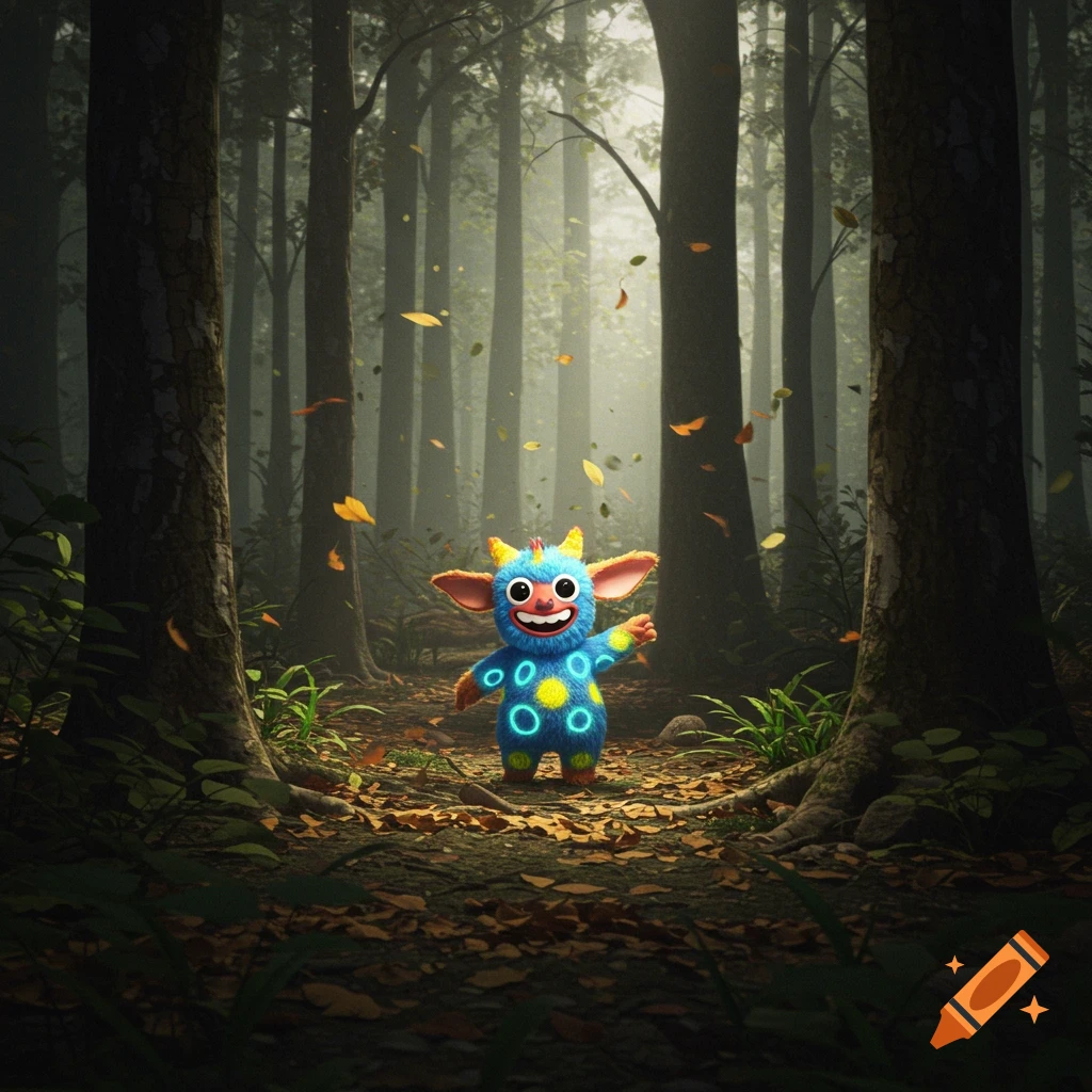 A small, blue, furry, cartoon-like monster with yellow spots and orange ears stands in a deep, misty forest with autumn leaves.