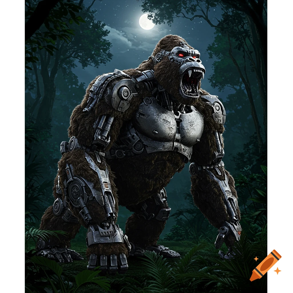 A photorealistic massive robotic gorilla with fur and metallic armor roars in a lush jungle at night under a full moon.