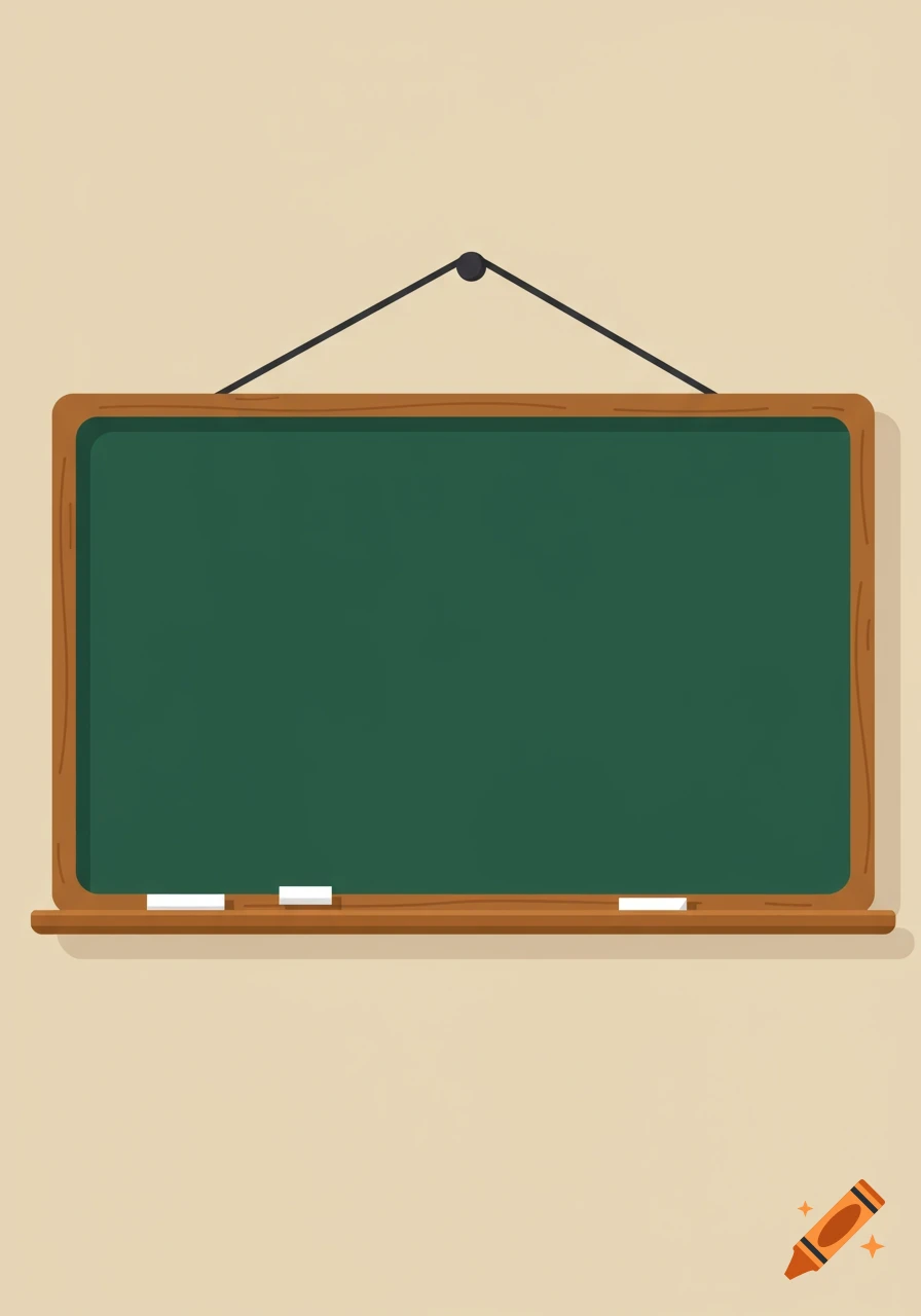 Cartoon illustration of a green blackboard with a wooden frame, chalk, and eraser, hanging on a light beige wall.