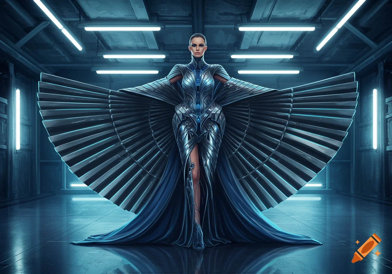 A woman in a dark metallic futuristic dress with large fan-like wings stands in a blue-lit industrial corridor.