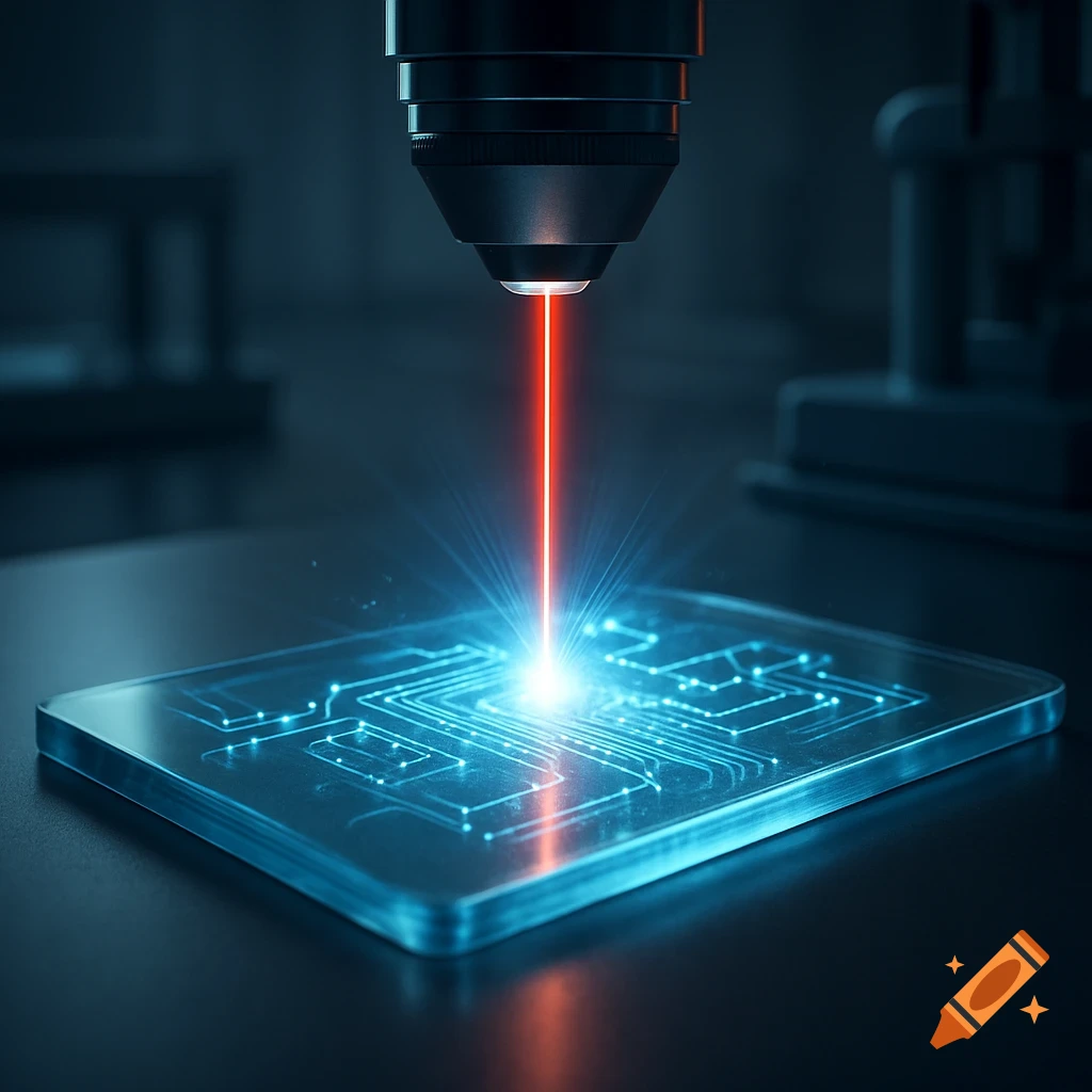 A red laser beam from a microscope objective writes a glowing blue photonic circuit onto a transparent plate in a dark lab.