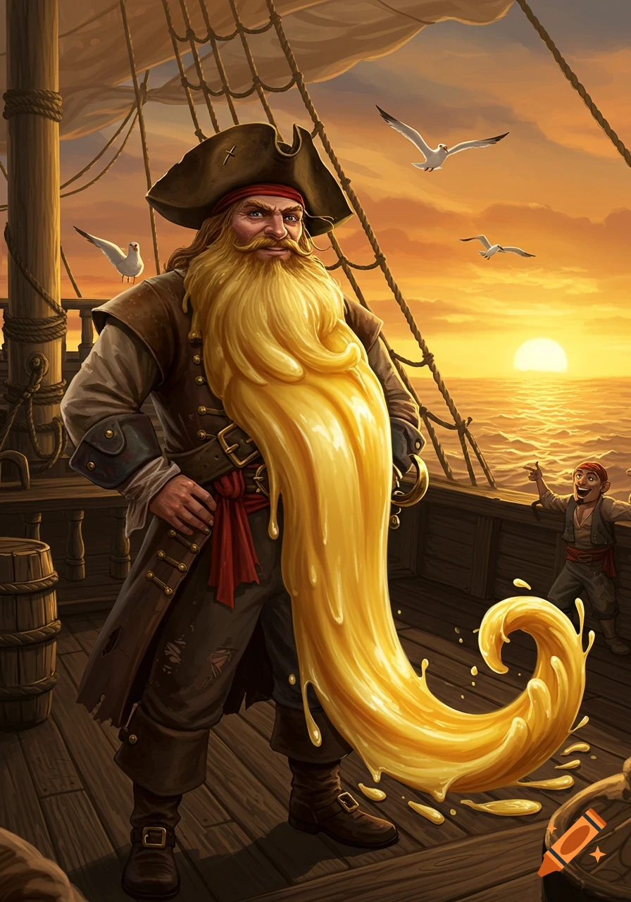 A whimsical illustration of a pirate with a long, yellow custard beard standing on a ship deck at sunset.