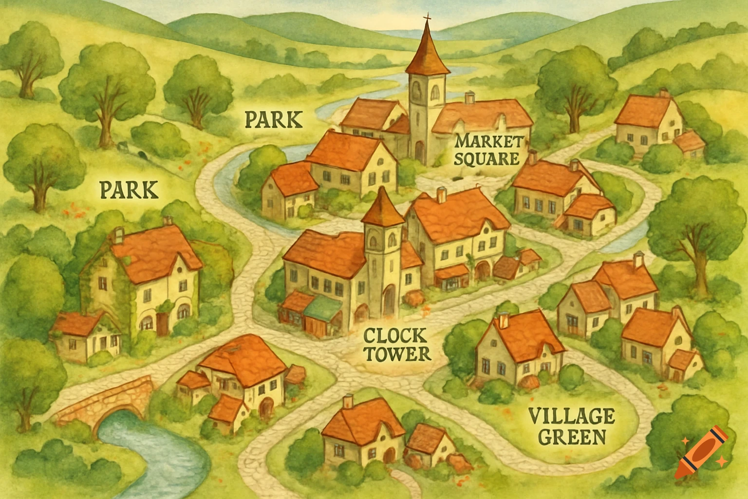 A watercolor map showing a charming village with winding roads, houses, churches, parks, and a river.
