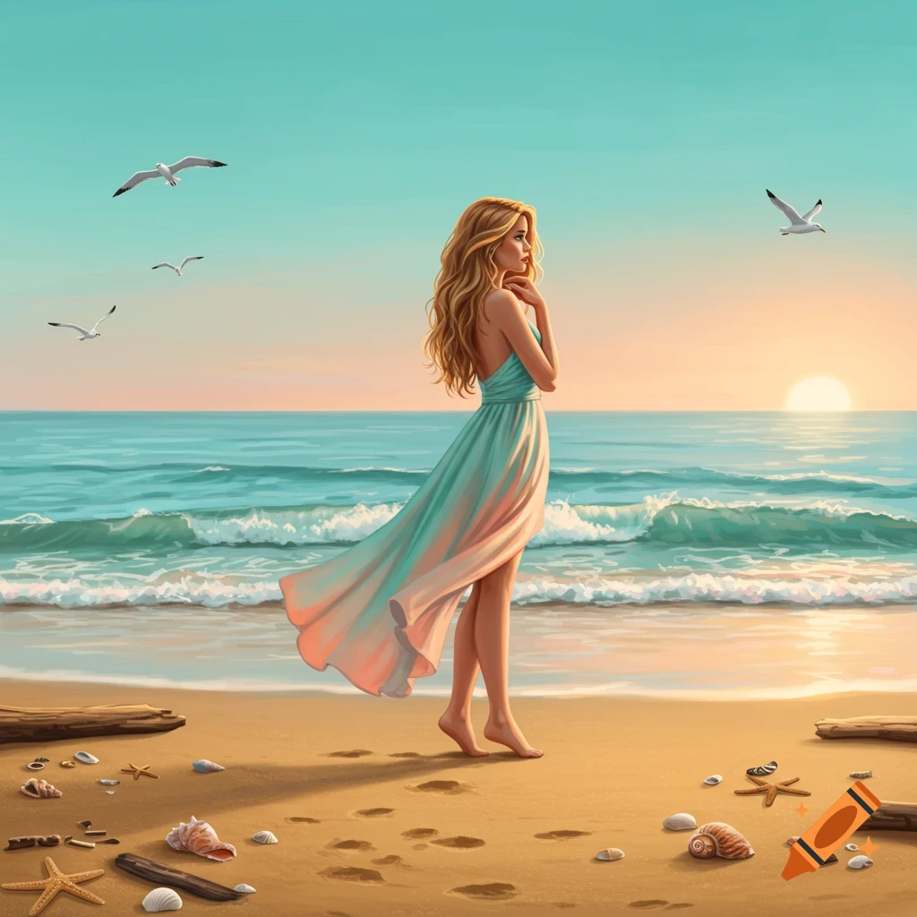 An illustration of a woman in a flowing dress standing on a sandy beach at sunset, looking out at the ocean with gulls flying.