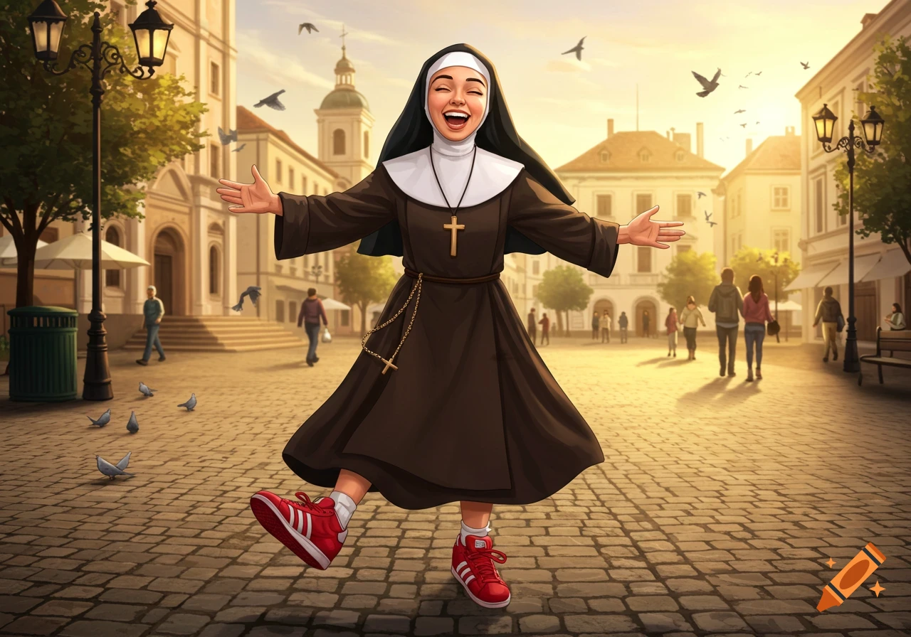 A cheerful cartoon nun with arms outstretched dances in red sneakers on a cobbled city square at sunset.