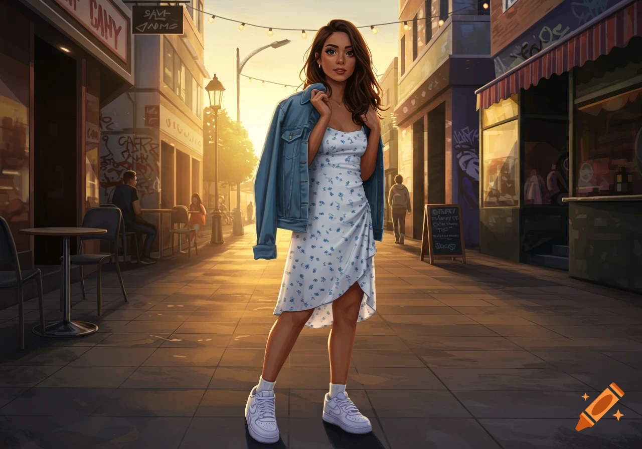 A young woman in a white floral dress, denim jacket, and white sneakers stands on a city street at sunset.