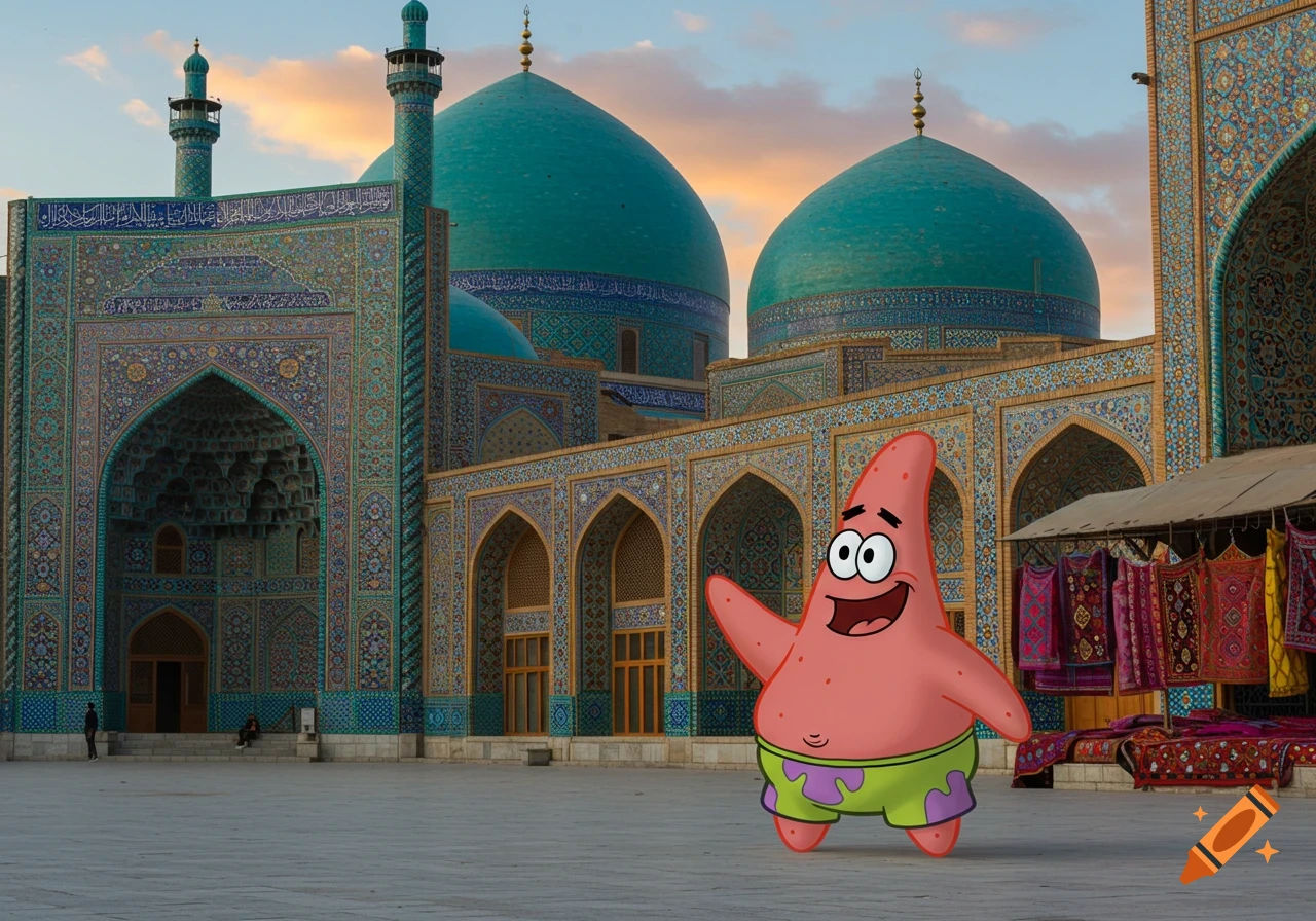 A smiling cartoon Patrick Star waves in front of a grand mosque with intricate blue and gold tilework and two large domes at sunset.