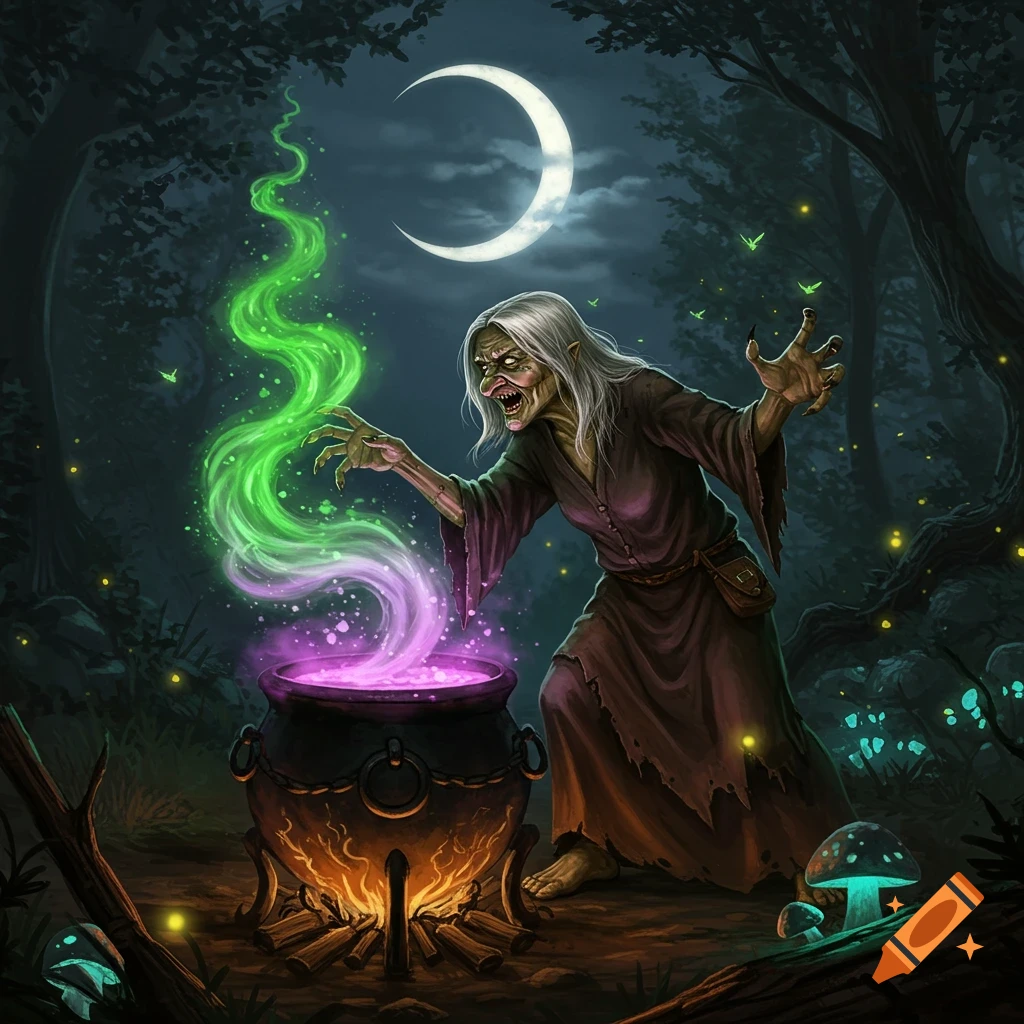 An old witch with white hair conjures glowing green and purple magic over a bubbling cauldron in a dark, moonlit forest.