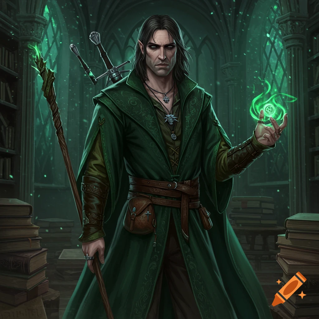A serious male mage in dark green robes holds a magical staff and conjures green light in a mystical library.