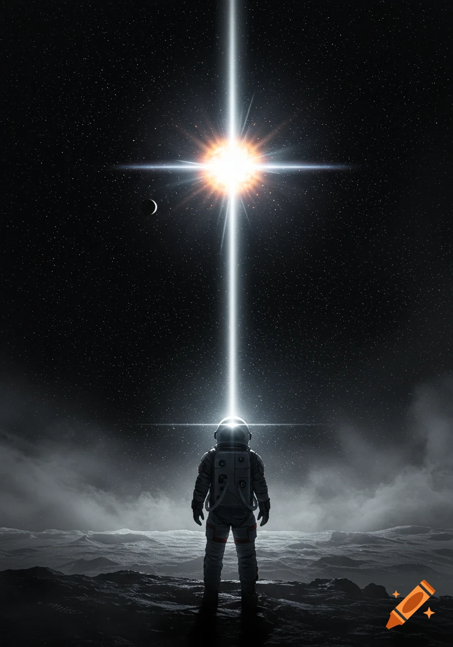 An astronaut stands on a desolate moonscape, looking up at a bright star-like light and a crescent moon in a dark, starry sky.