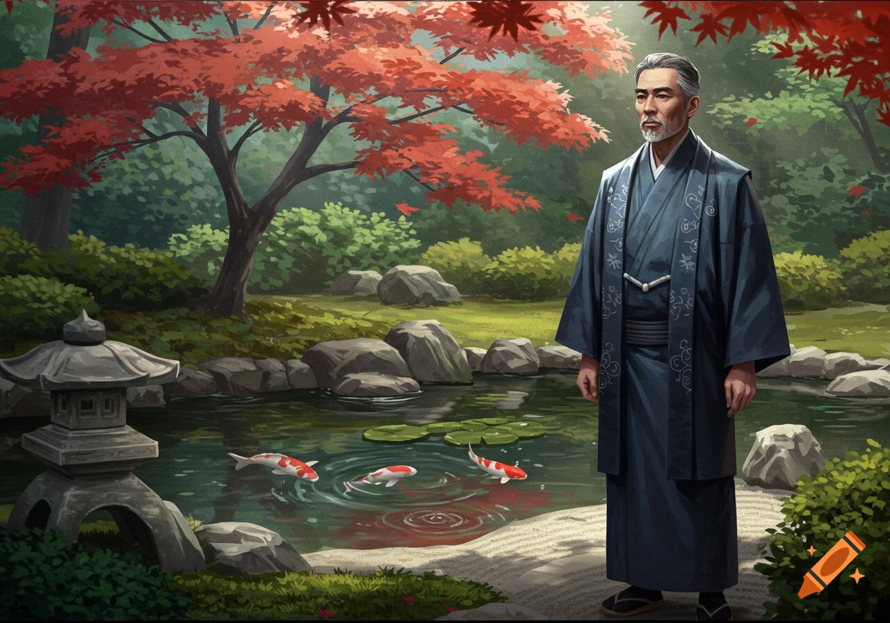 An older Japanese man in a blue kimono stands in a traditional garden with red maple trees, a pond with koi fish, and a stone lantern. Stylized illustration.
