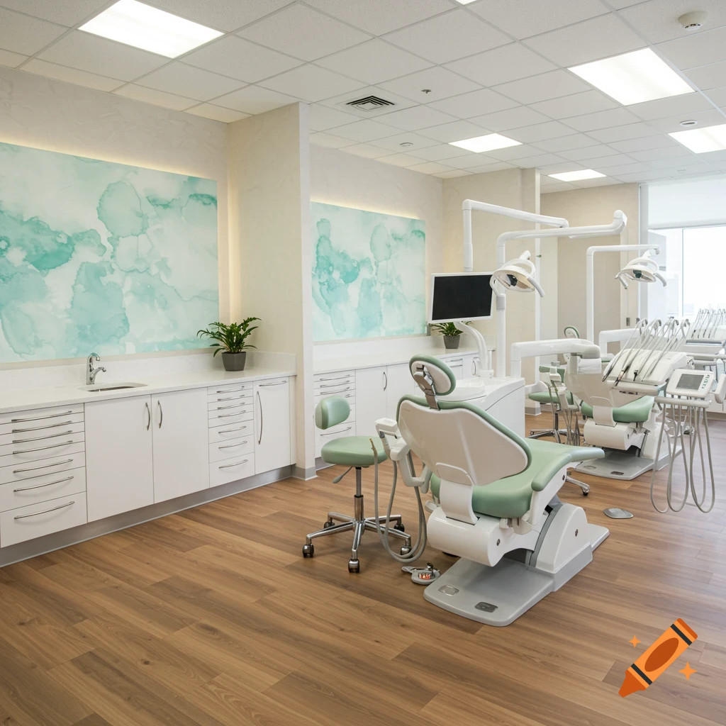 A modern dental office with light green chairs, white cabinets, light wood floors, and teal watercolor wall art.