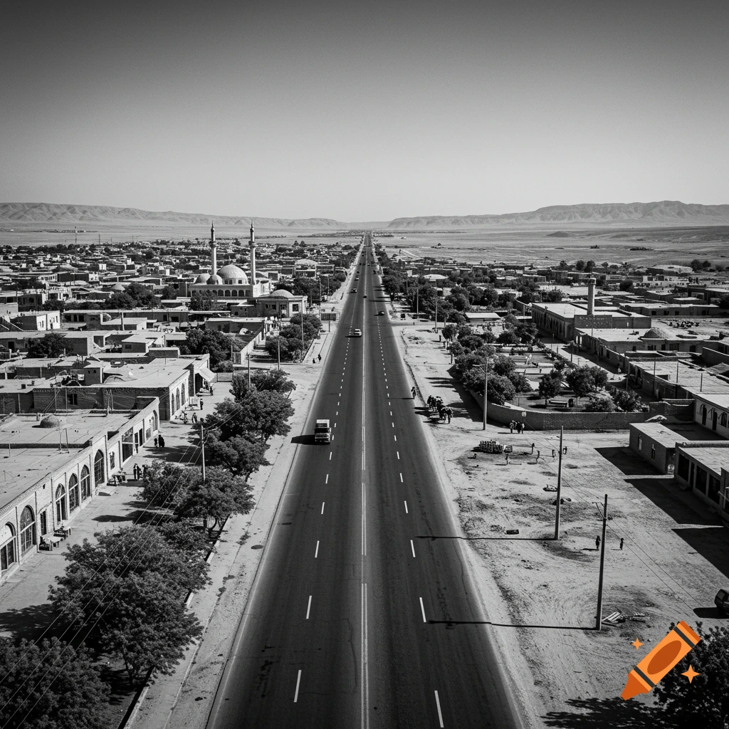 Aerial black and white photo of a long road stretching through a desert town with buildings and a mosque, mountains in the distance.