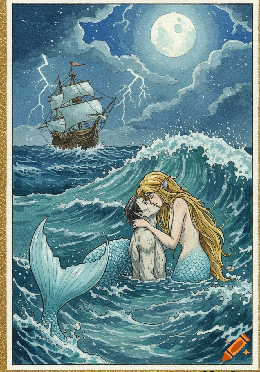 Watercolor illustration of a mermaid kissing a man in a stormy ocean at night, with a full moon and a ship in the background.