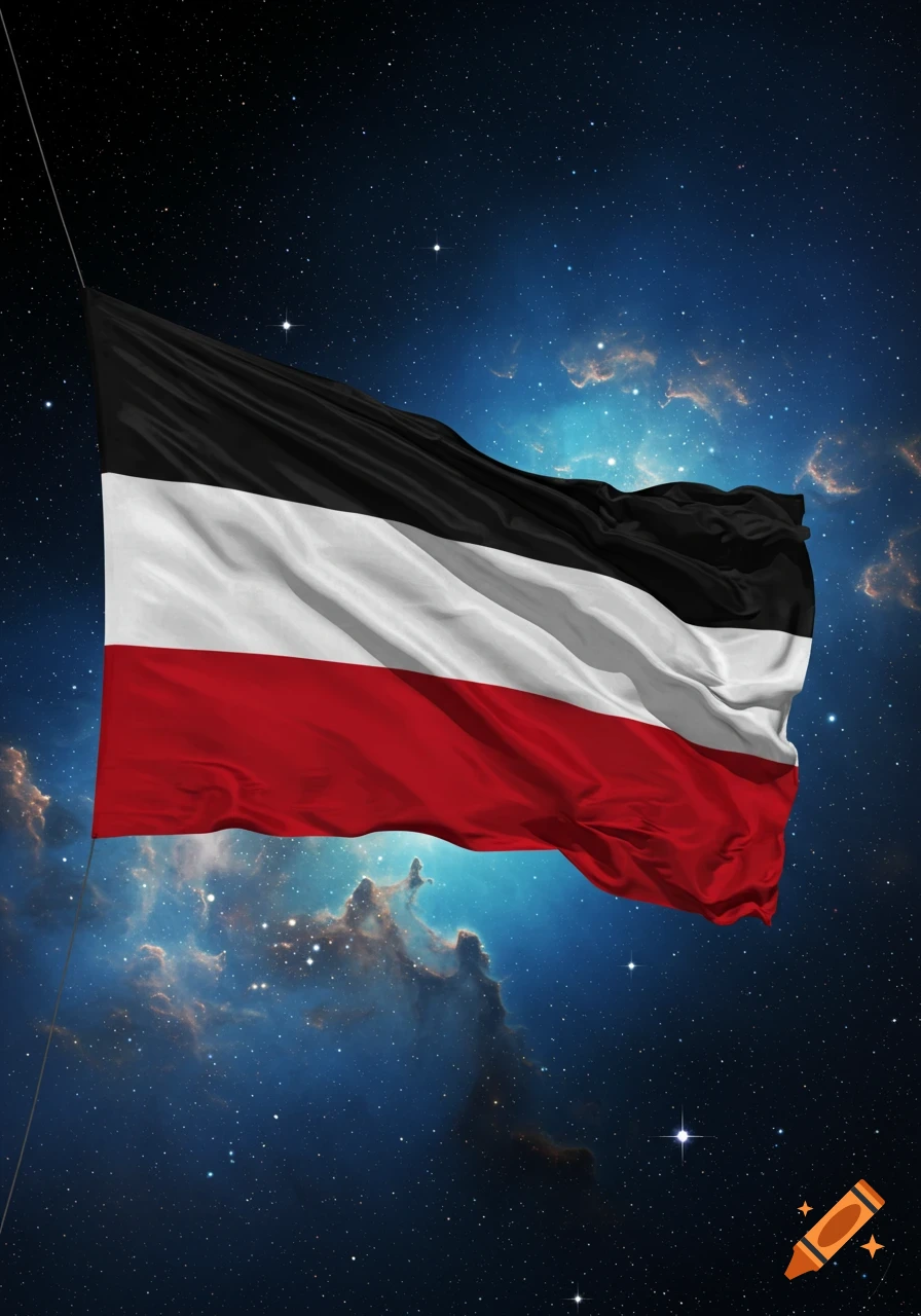 A black, white, and red striped flag waves against a starry blue nebula in deep space.