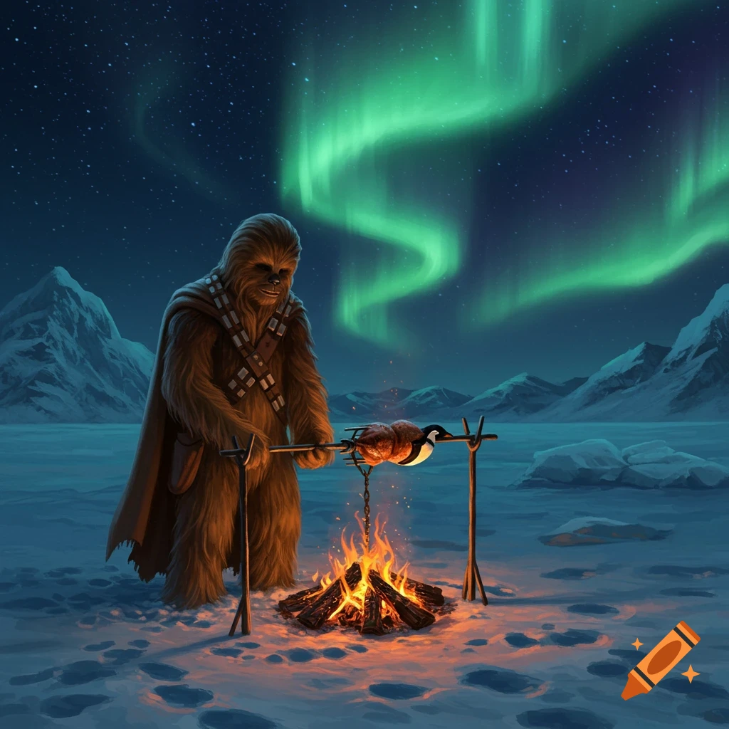 A Wookiee roasts a penguin over a campfire in a snowy landscape, lit by green aurora borealis.