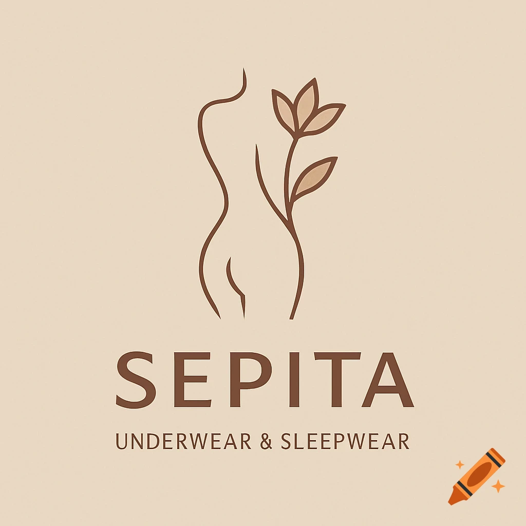 Minimalist logo with a brown line art outline of a female torso and a flower, with text 'SEPITA UNDERWEAR & SLEEPWEAR' on a beige background.