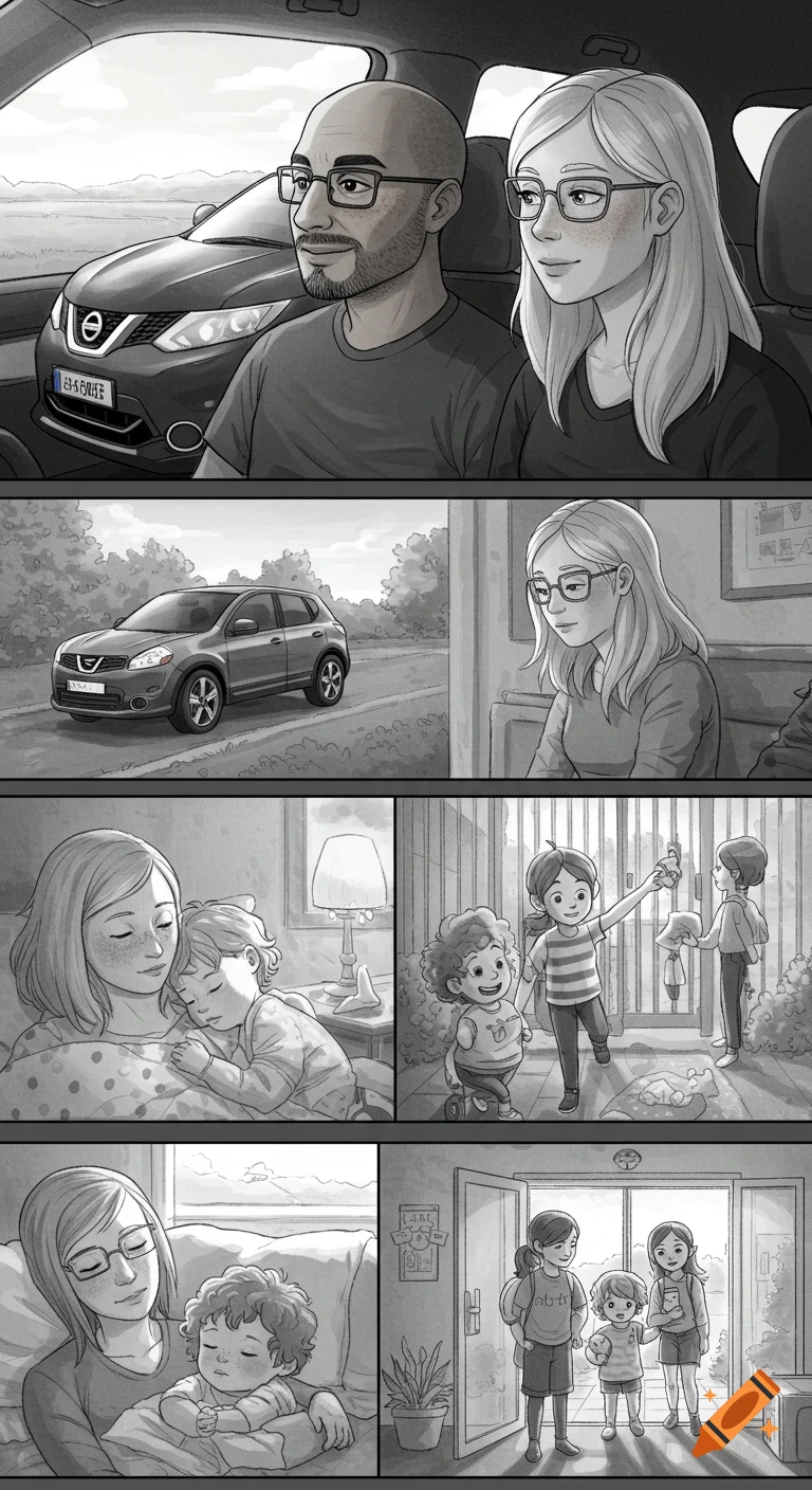 Grayscale comic strip depicting family life, with scenes of a couple driving, a mother holding sleeping children, and children playing.
