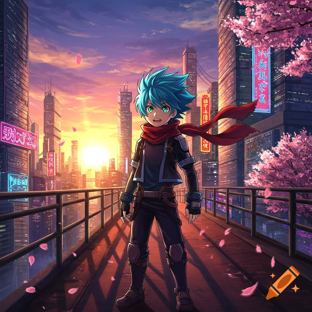 Anime character with blue hair and red scarf on a bridge overlooking a vibrant city at sunset with pink cherry blossoms.