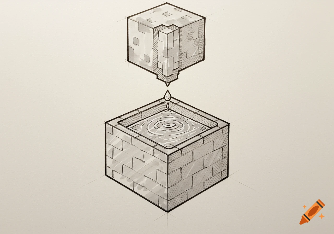 Hand-drawn isometric sketch of a Minecraft cauldron with water ripples, a dripstone block above, and a falling water drop.